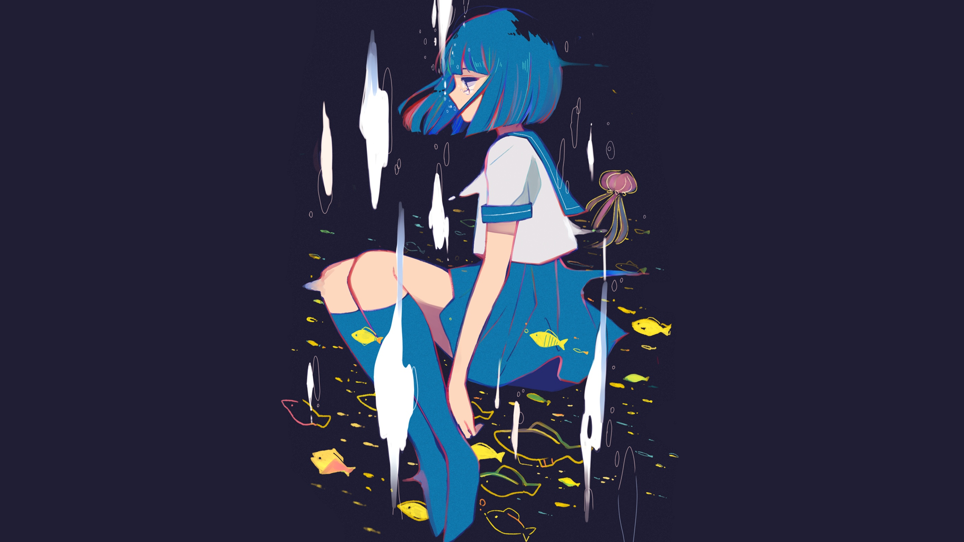 Anime girl with blue hair in sailor uniform underwater with fish HD Wallpaper