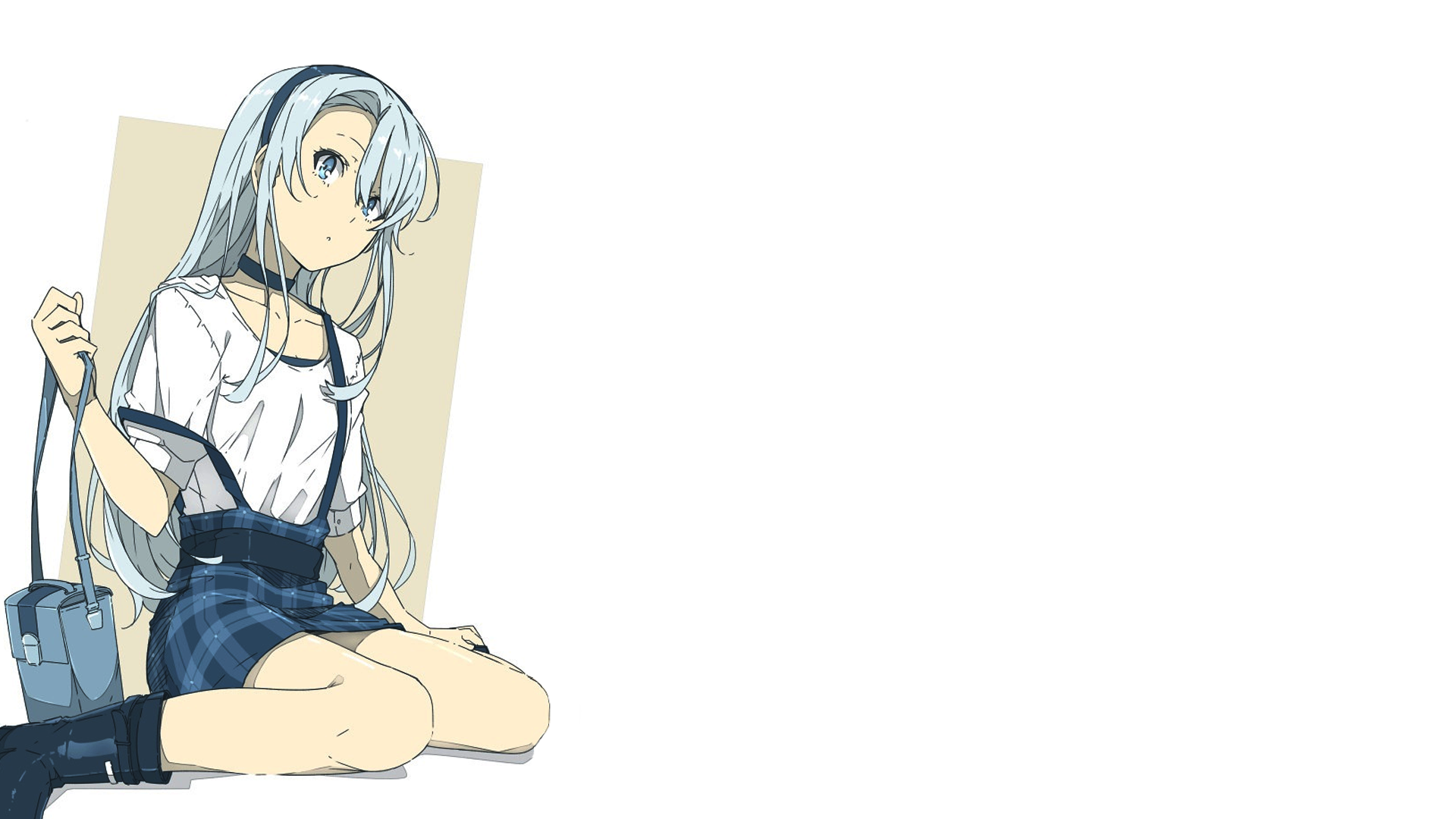 Anime girl with blue checkered skirt and bag HD Wallpaper
