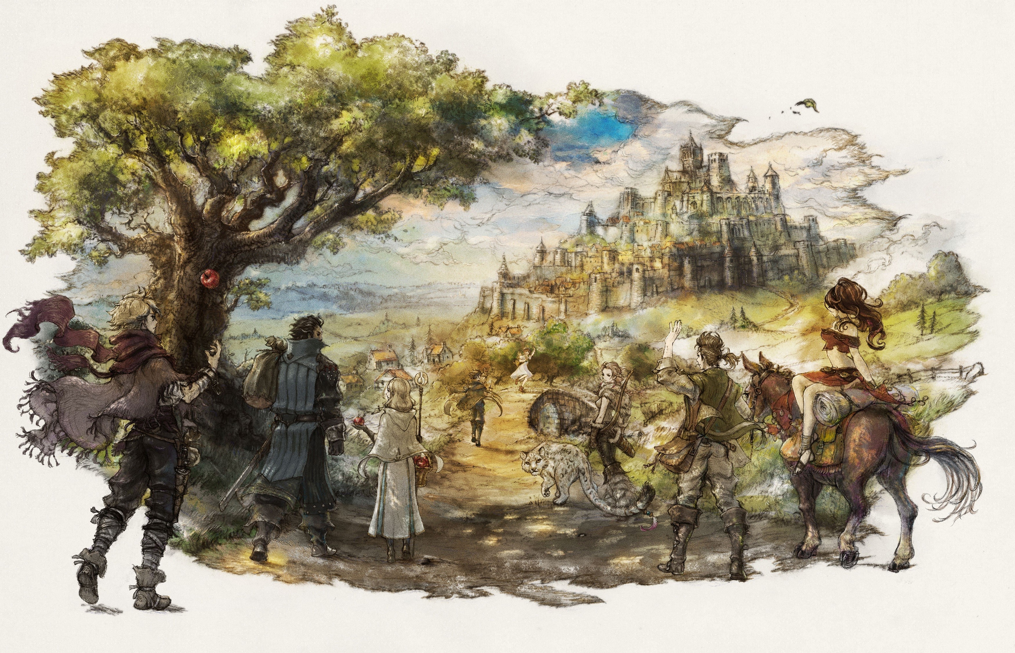 Octopath Traveler characters near a fantasy city and castle HD Wallpaper