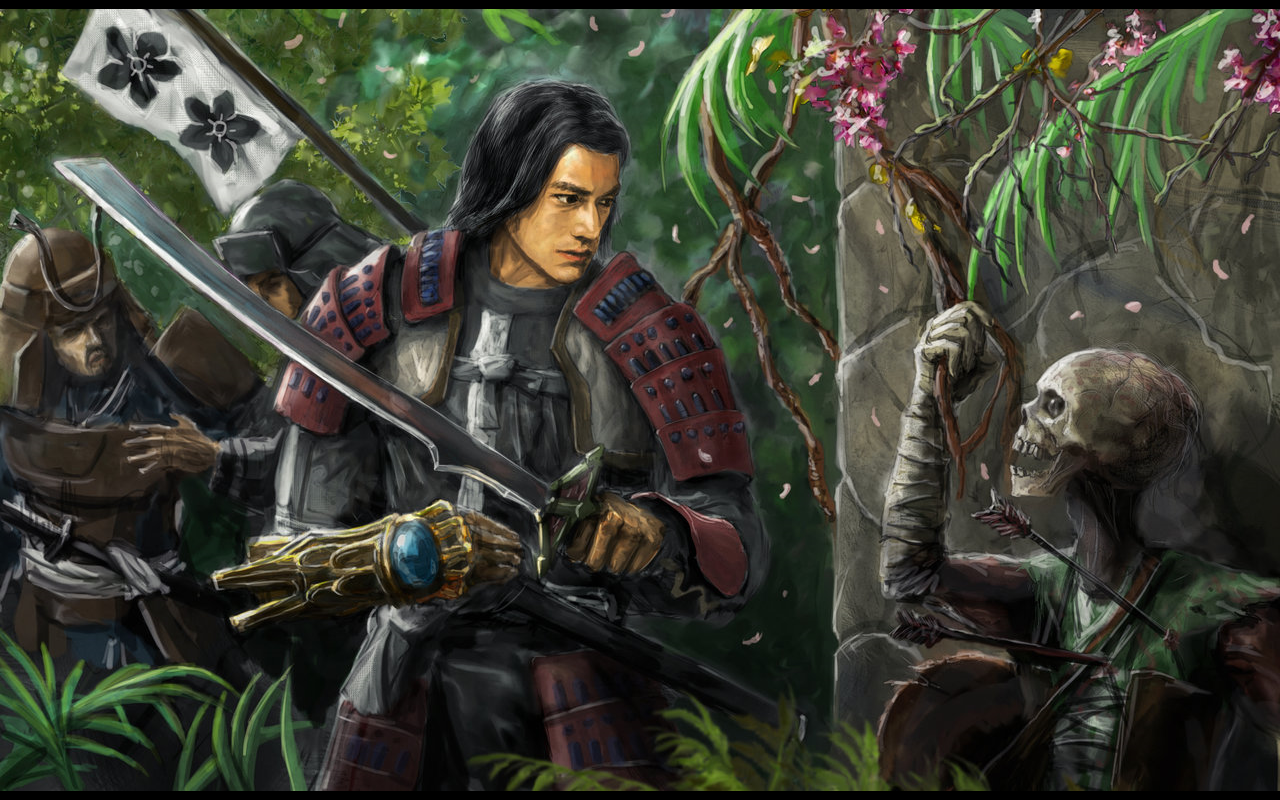 Samurai warriors confront a skeleton warrior HD Wallpaper