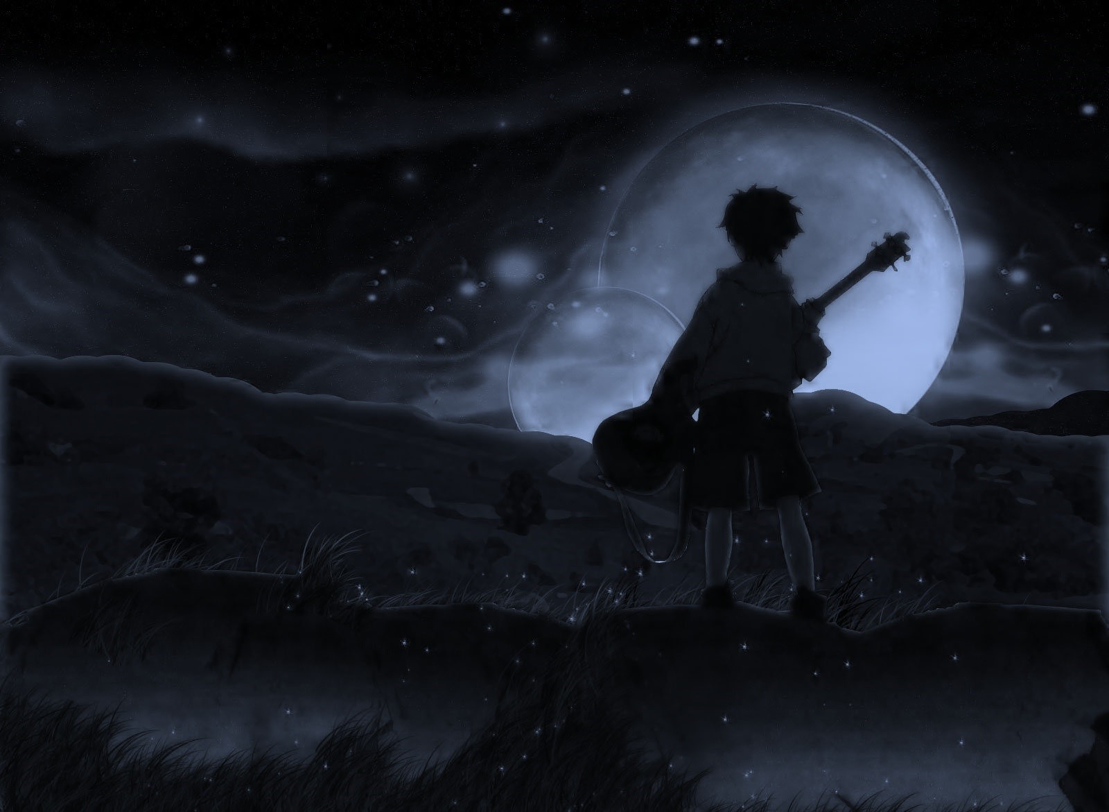 Anime boy with guitar under the moon HD Wallpaper