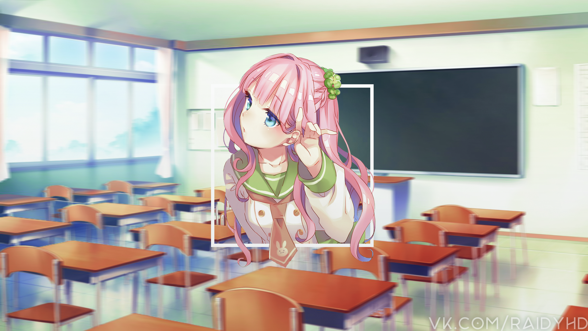 Anime girl with pink hair in a classroom HD Wallpaper