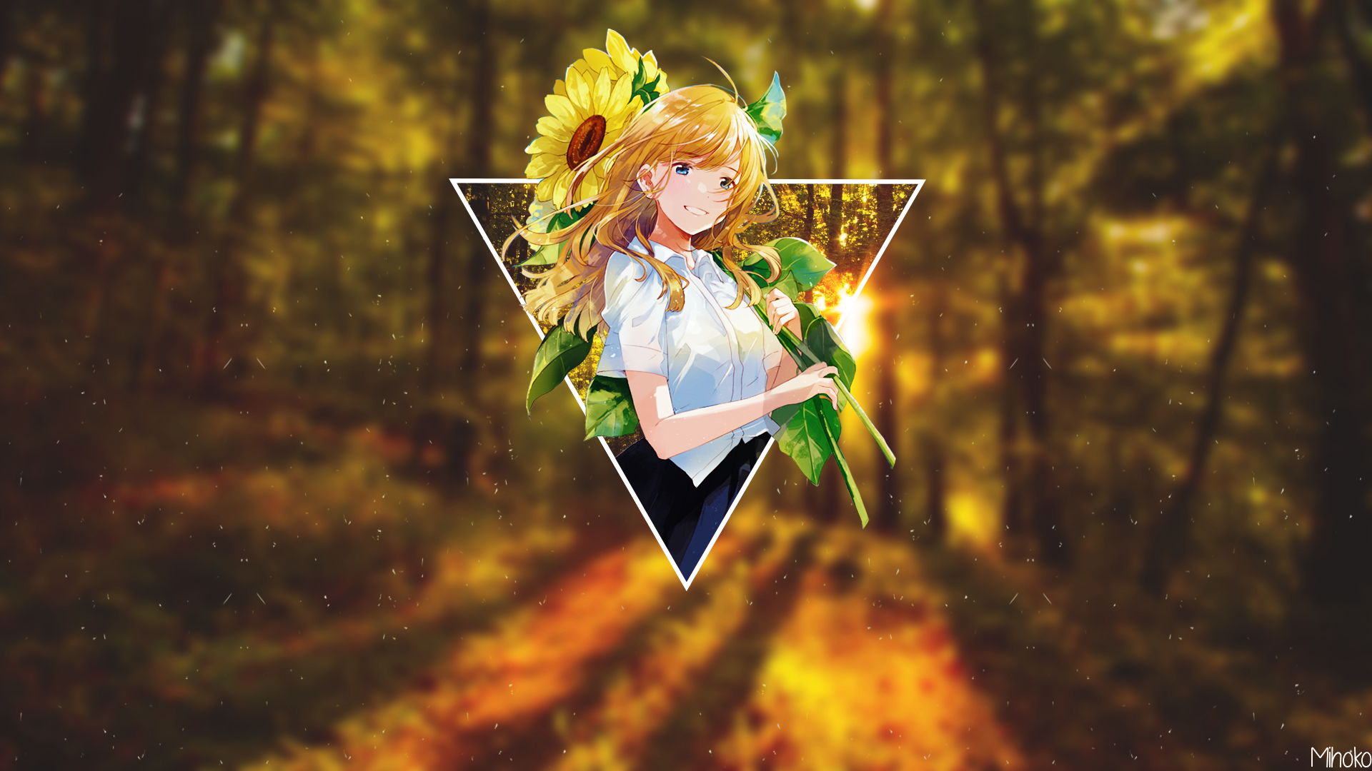 Anime girl with sunflower in forest HD Wallpaper