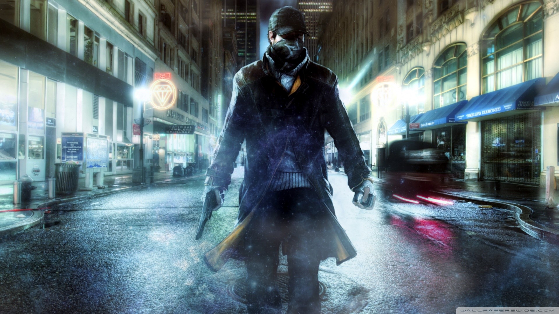Aiden Pearce from Watch Dogs in a city at night HD Wallpaper