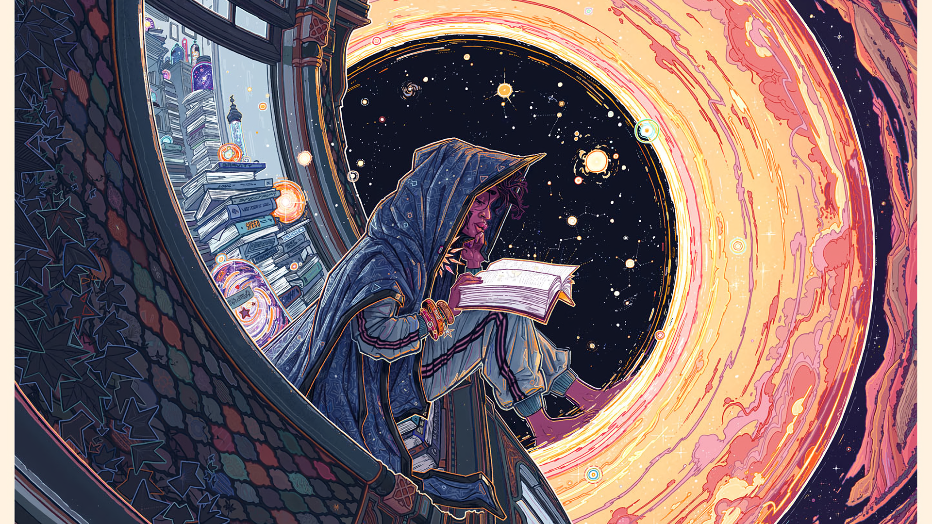 A person in a hooded robe reading a book in front of a cosmic portal HD Wallpaper