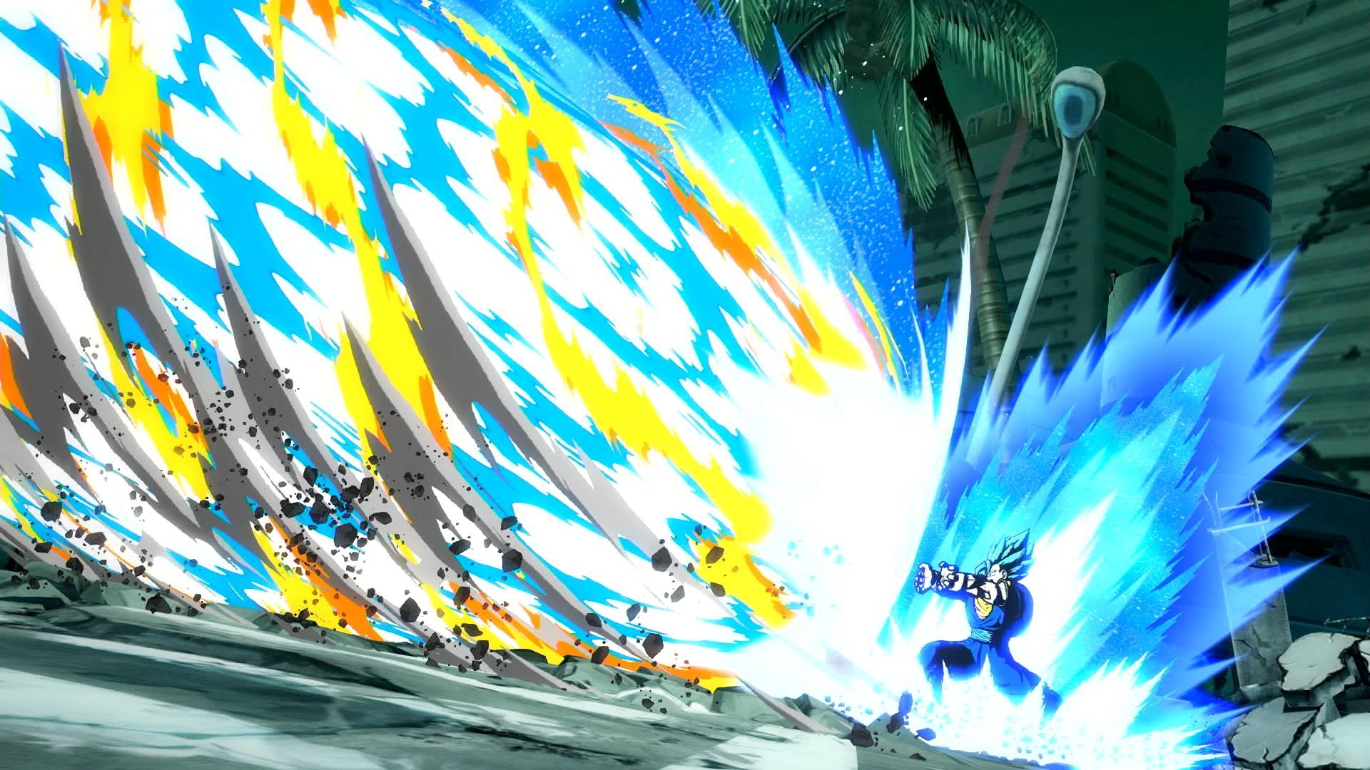 Vegeta from Dragon Ball FighterZ using a blue energy attack HD Wallpaper