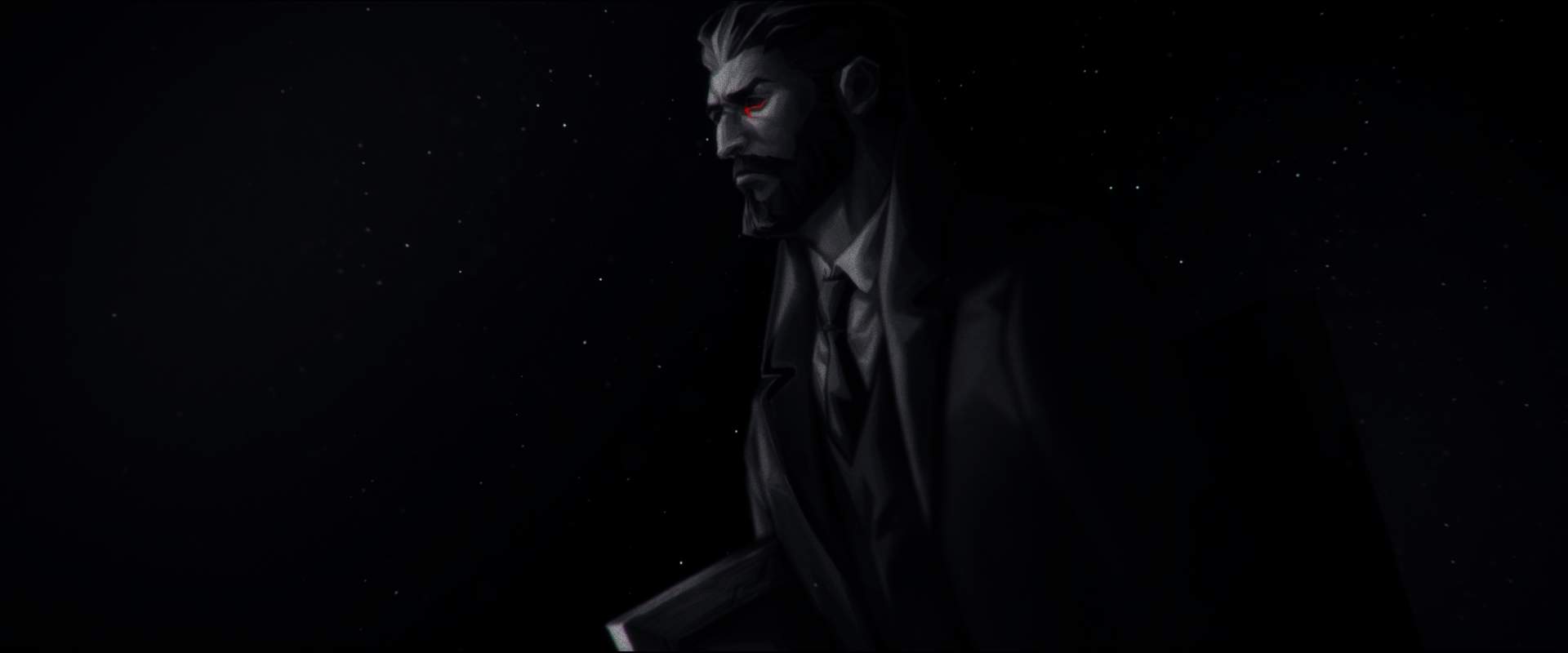 Man with red eyes in a suit against a starry background HD Wallpaper