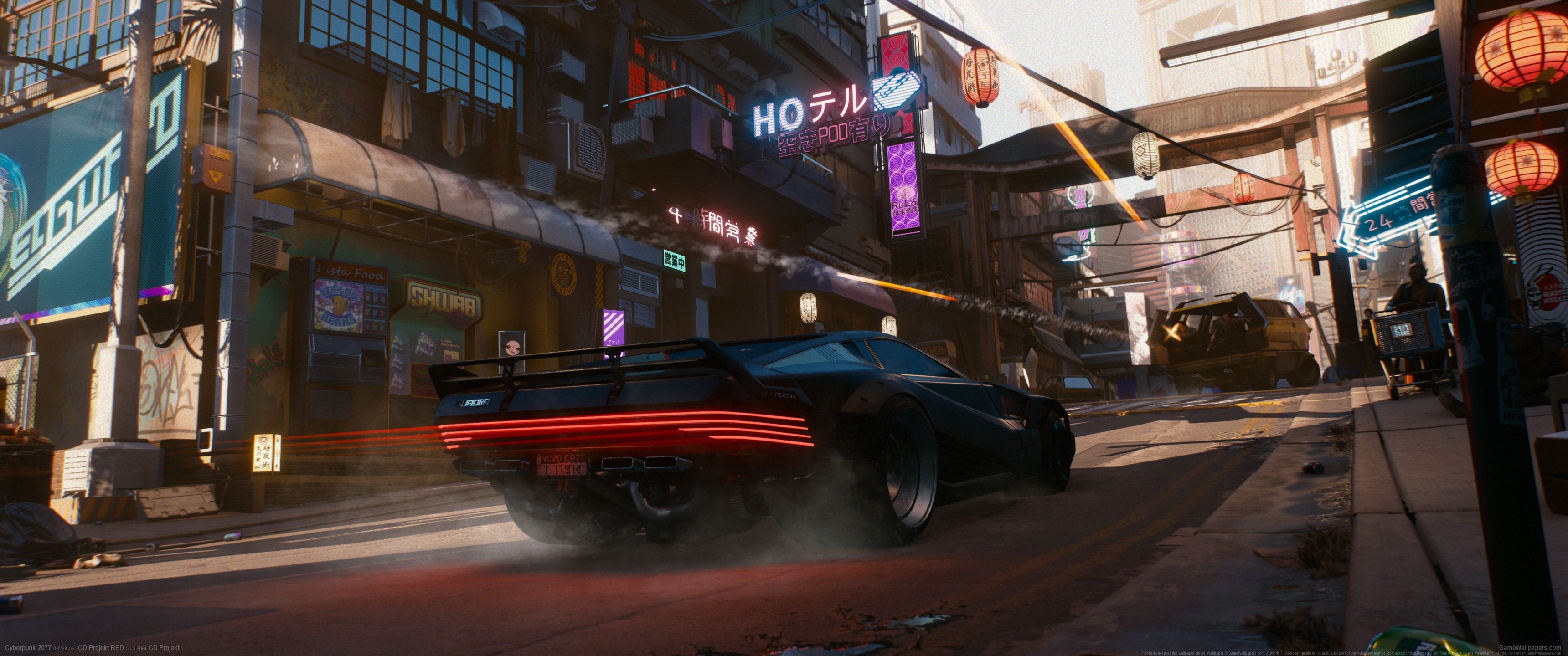 Cyberpunk 2077: Black sports car driving through a neon city street HD Wallpaper