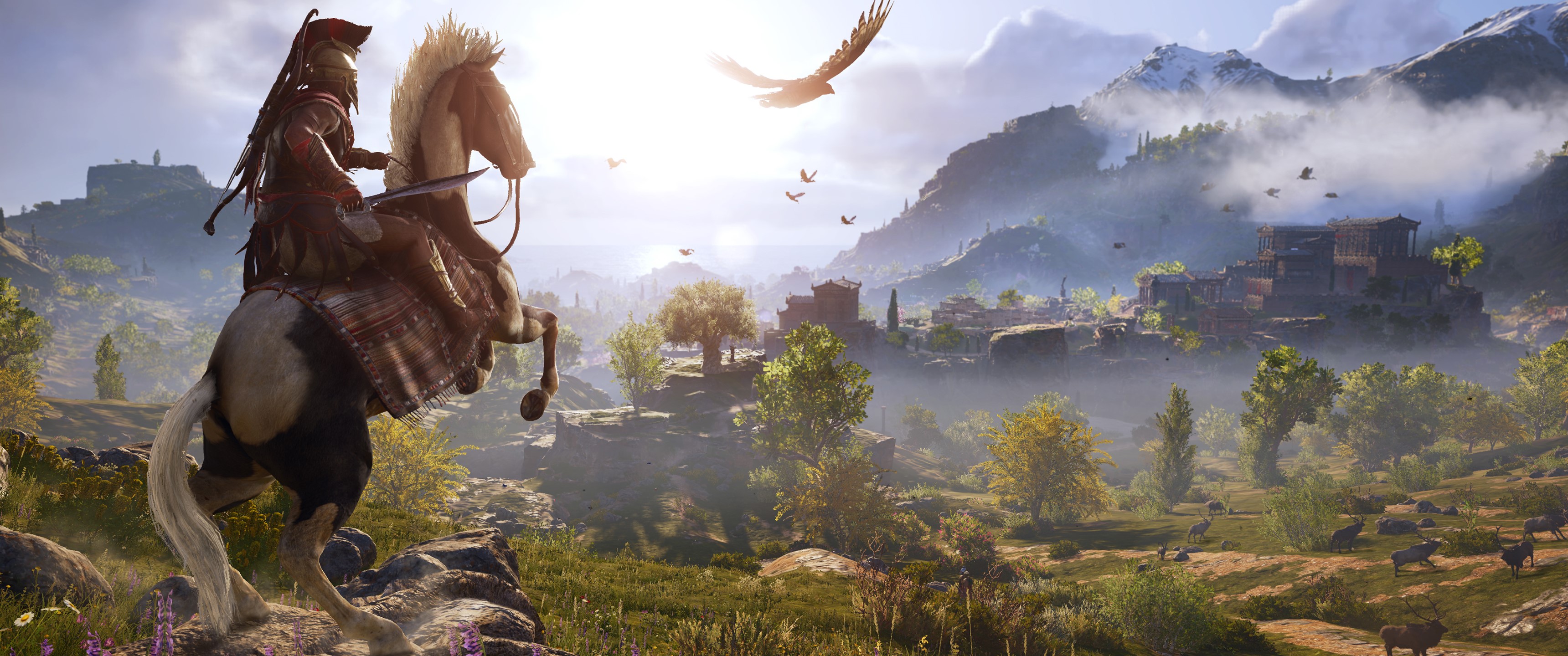 Alexios from Assassin's Creed Odyssey on horseback in Greece HD Wallpaper
