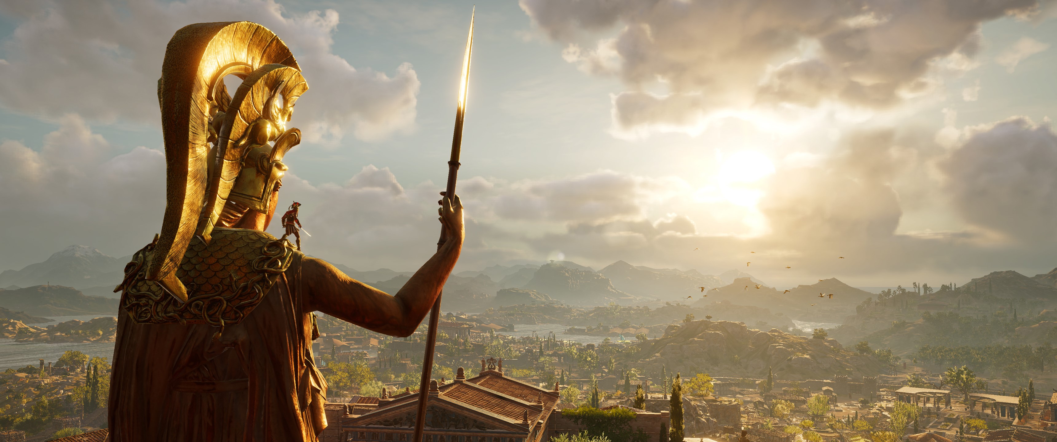 Alexios from Assassin's Creed Odyssey on a statue HD Wallpaper