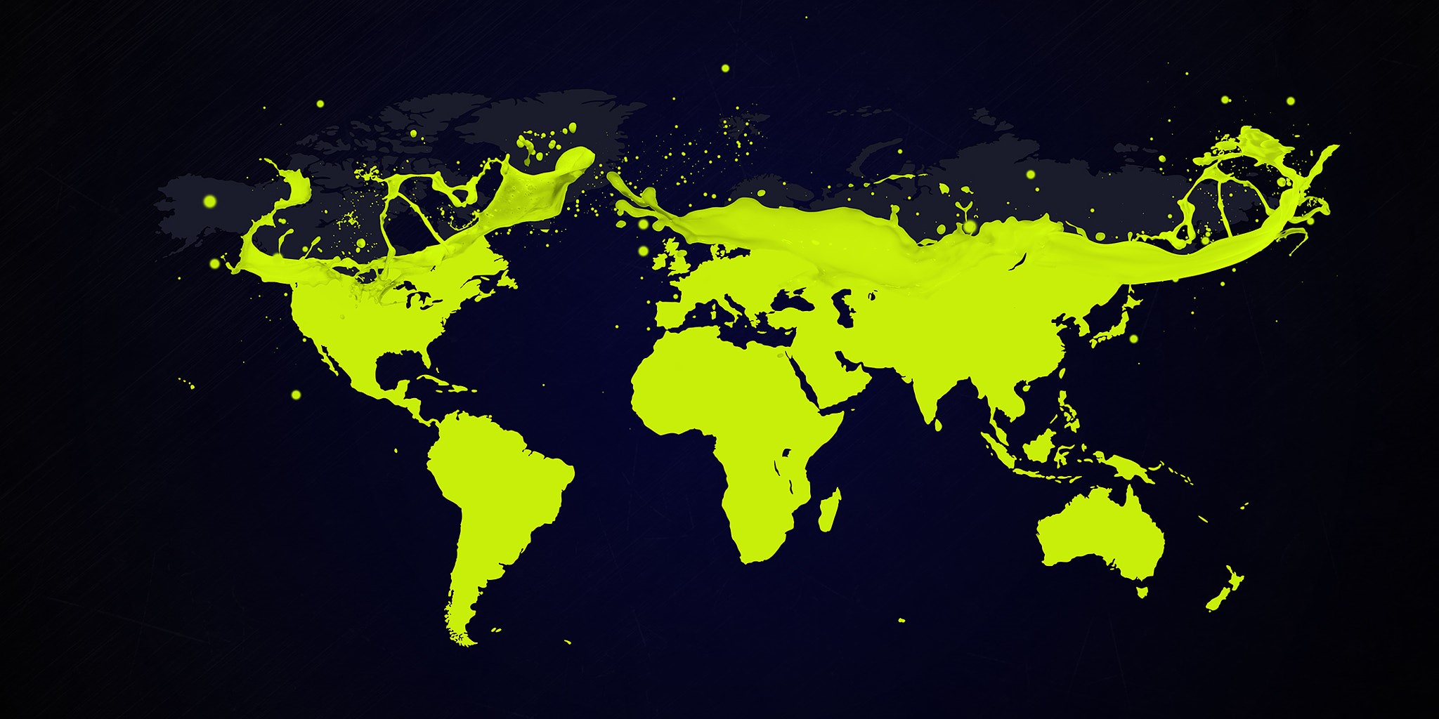 World map made of neon yellow paint splashes HD Wallpaper