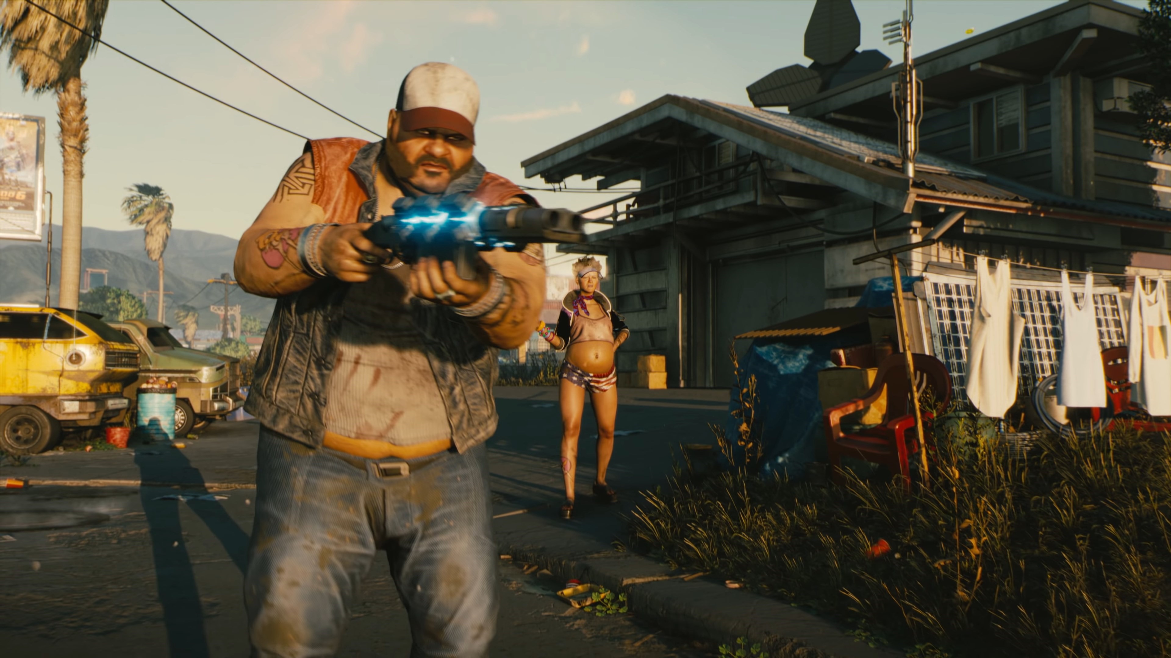 Cyberpunk 2077: Man with gun and woman HD Wallpaper