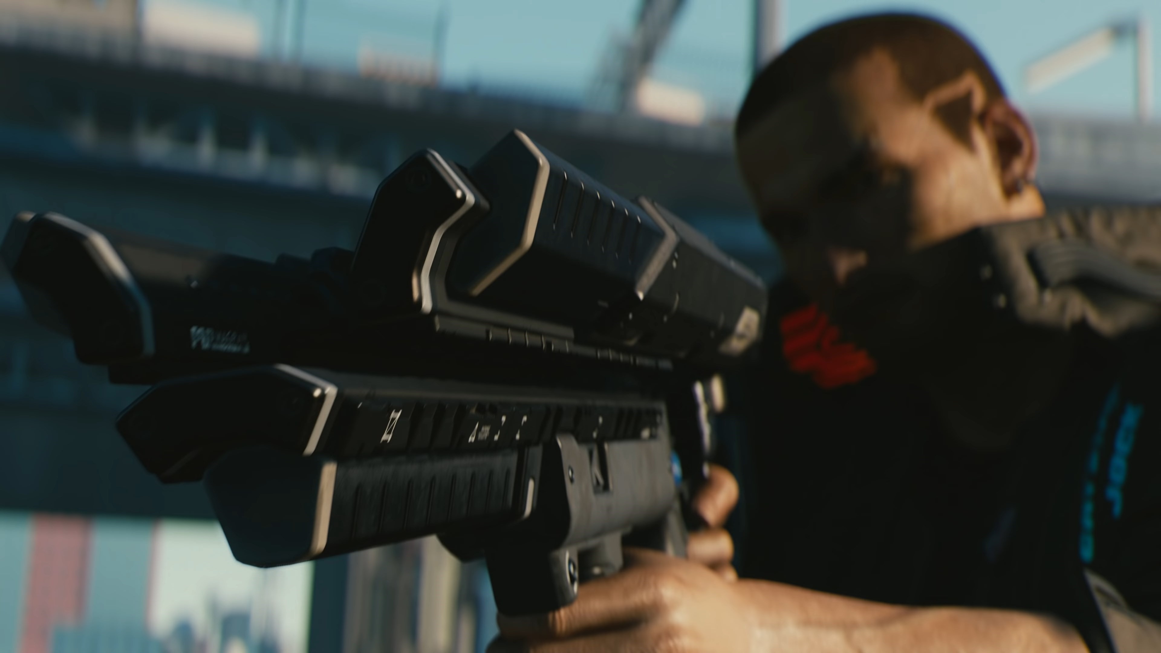 Man holding a rifle in Cyberpunk 2077 HD Wallpaper