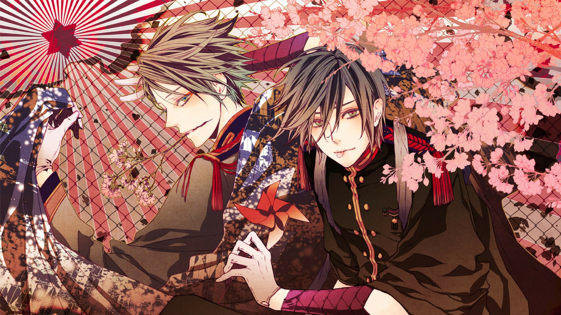 Two anime boys with dark hair and cherry blossoms HD Wallpaper