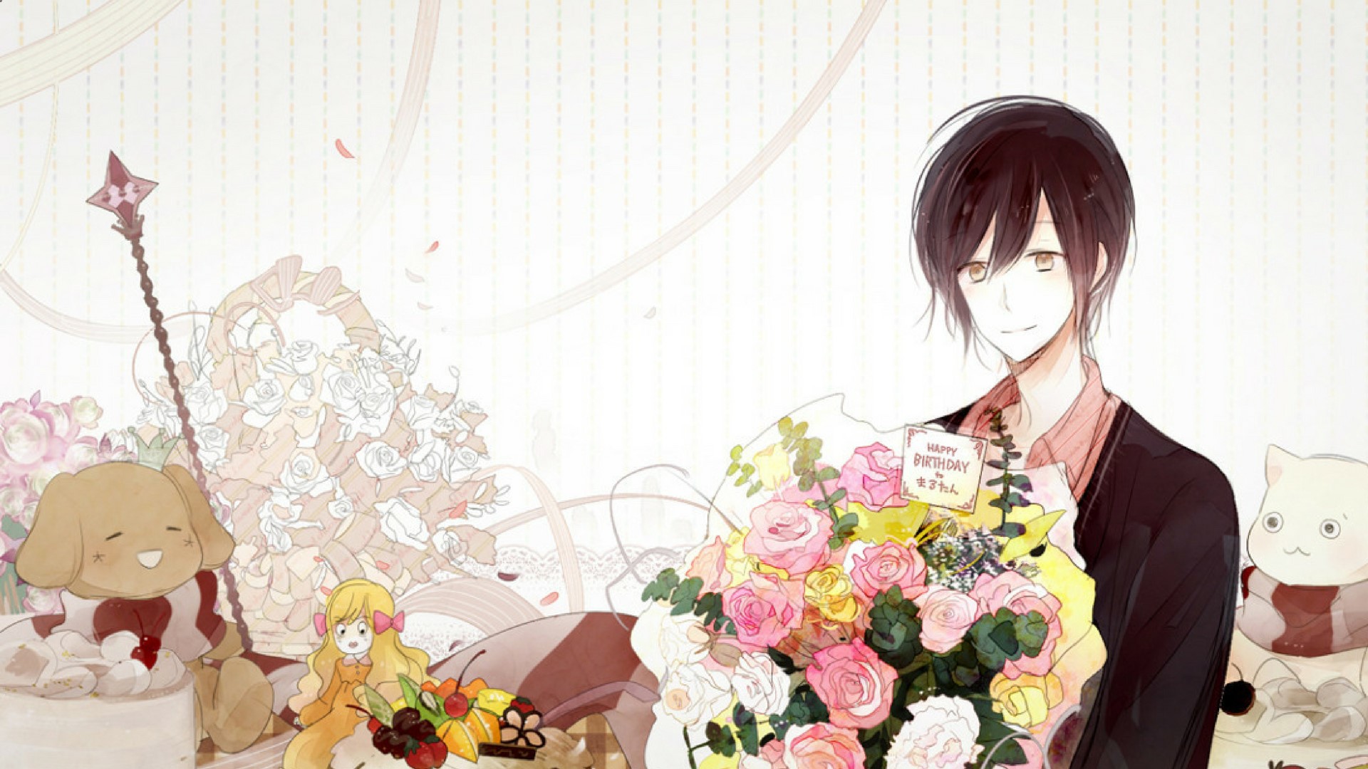 Anime boy with flowers and stuffed animals HD Wallpaper