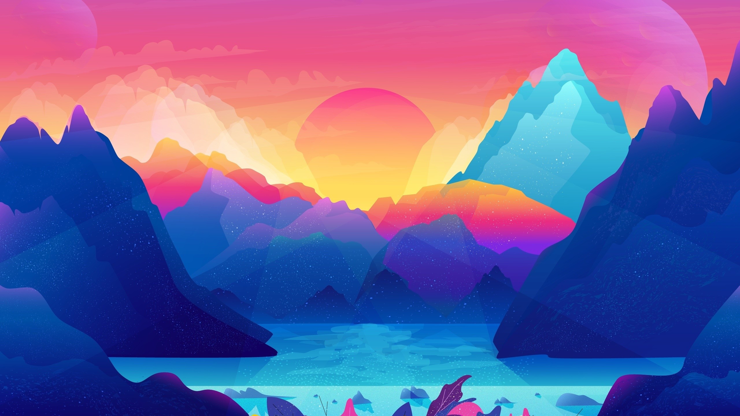 Digital art of mountains at sunset with pink and cyan colors HD Wallpaper
