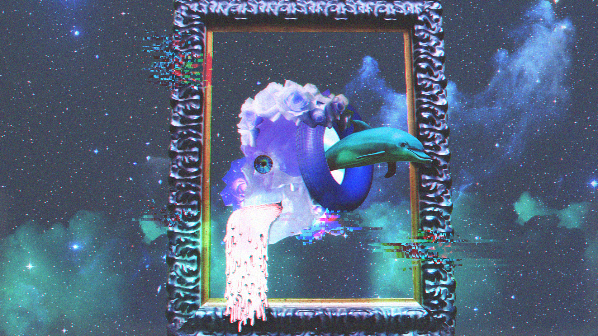 Glitch art skull with dolphin in space HD Wallpaper
