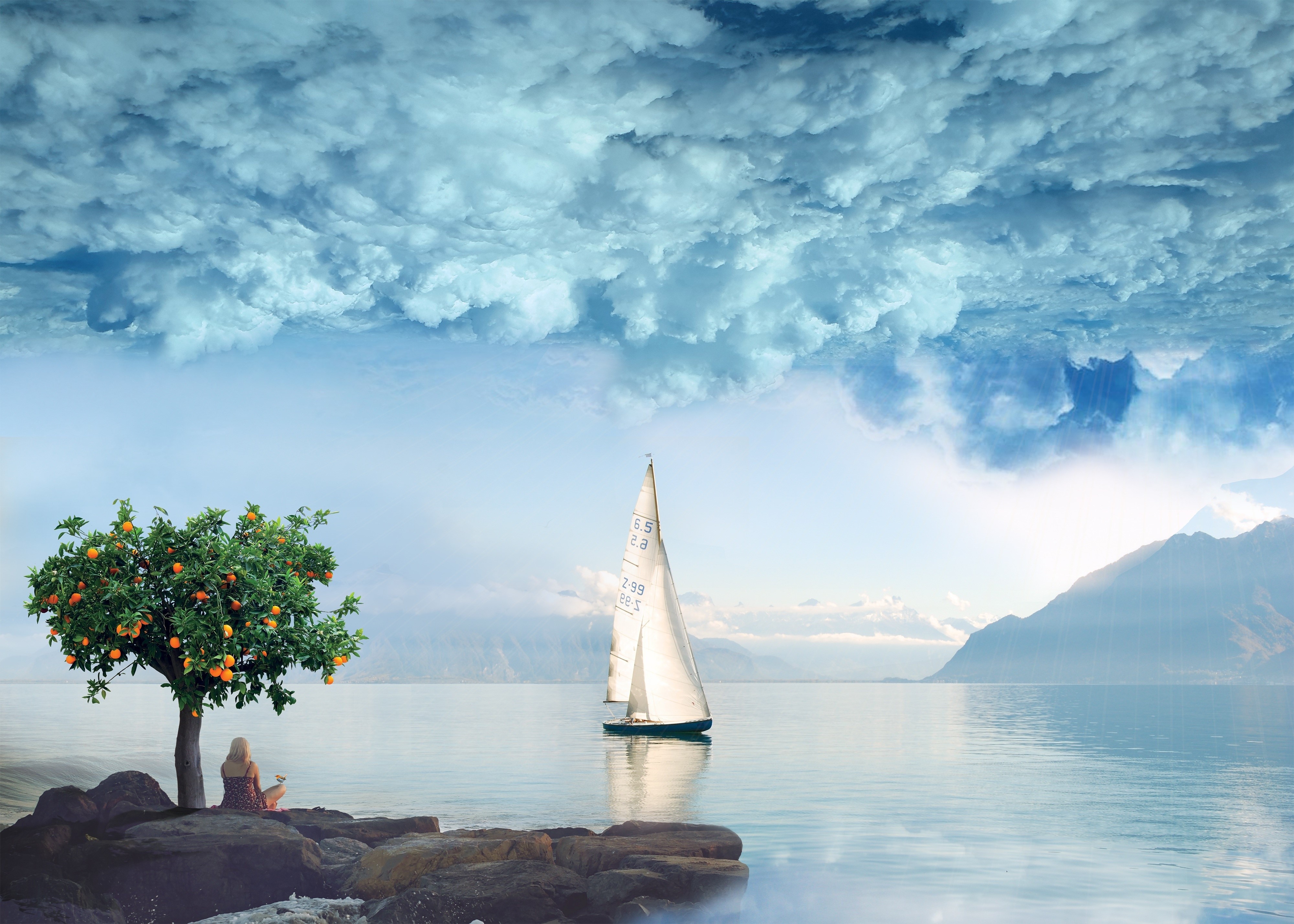 Surreal scene with orange tree, sailboat, and inverted clouds HD Wallpaper