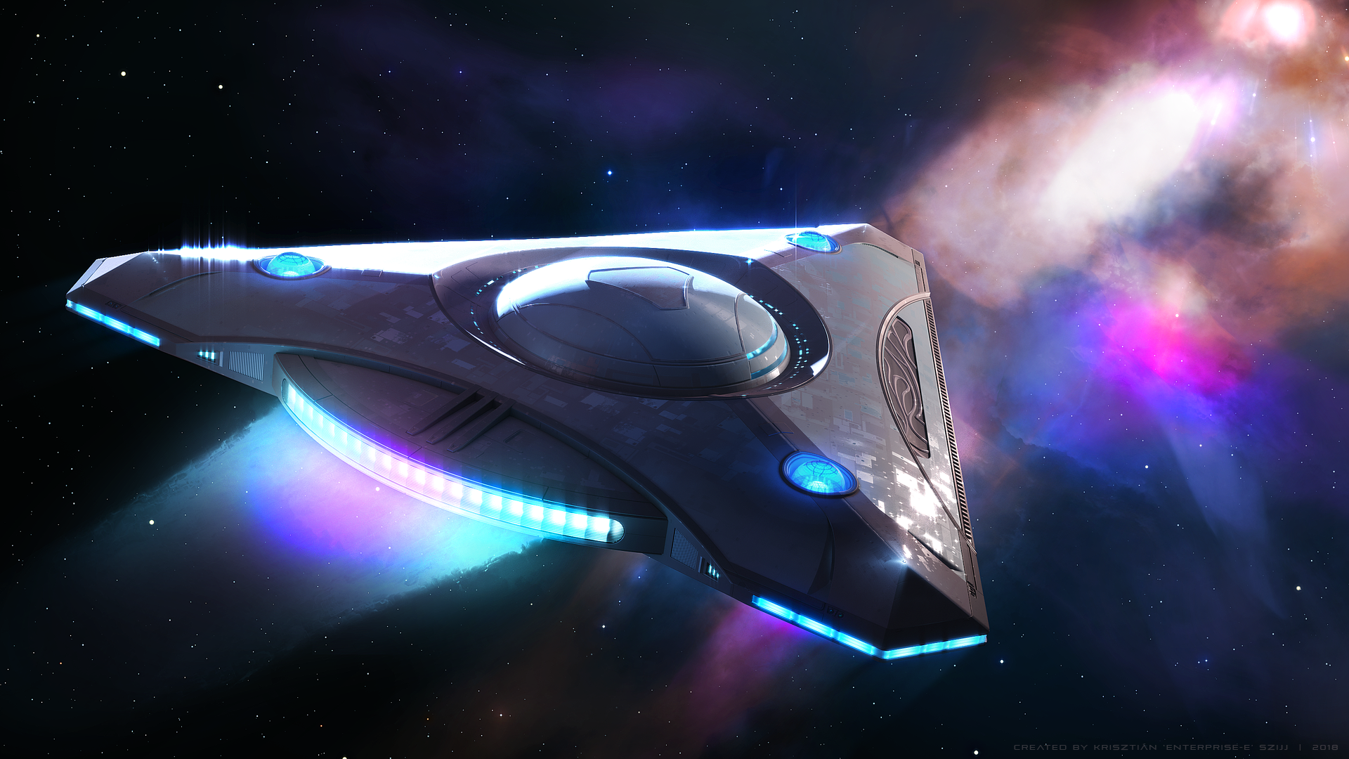 Triangular spaceship in a colorful nebula HD Wallpaper