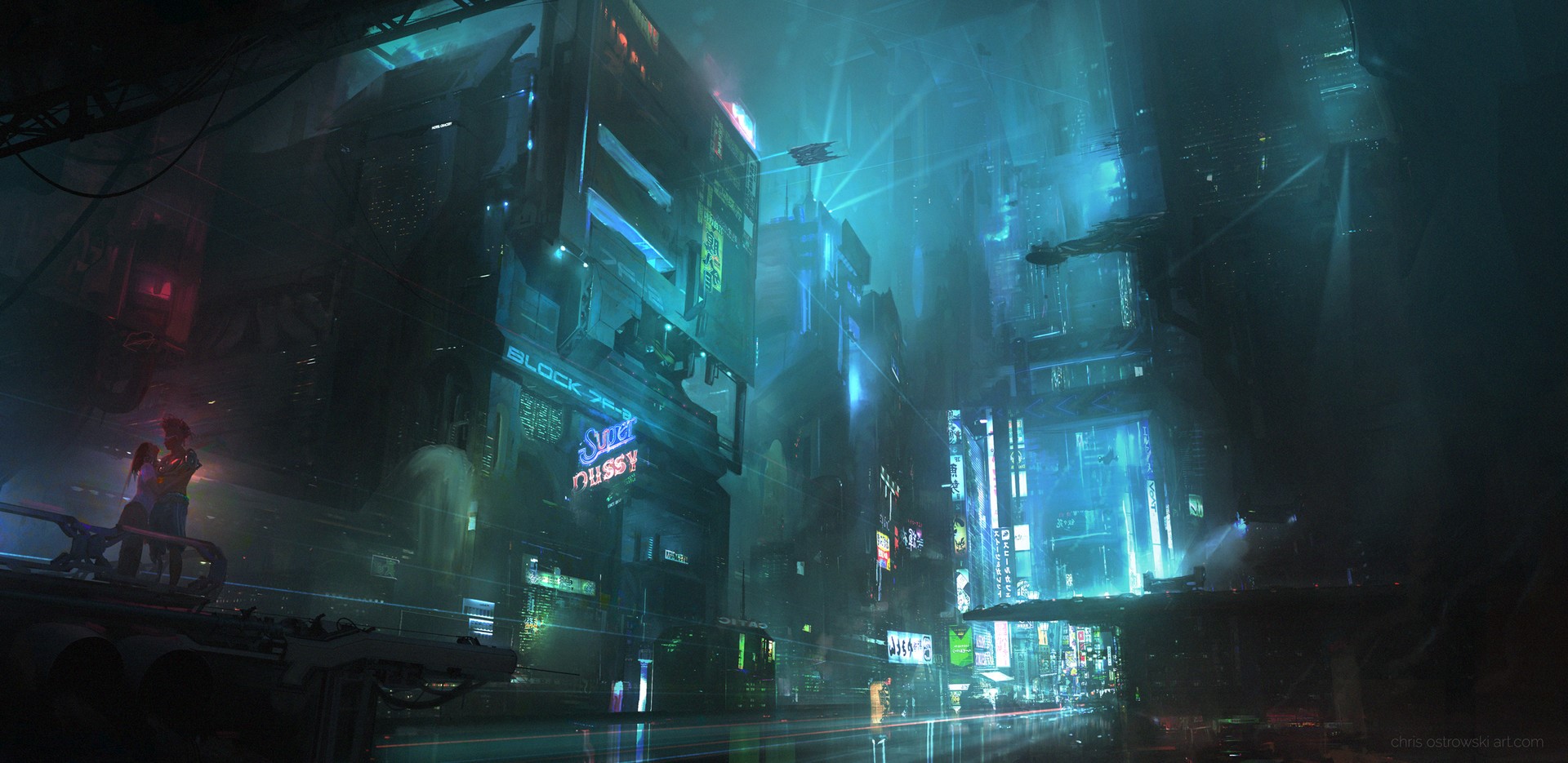Cyberpunk city street with neon lights and flying vehicles HD Wallpaper
