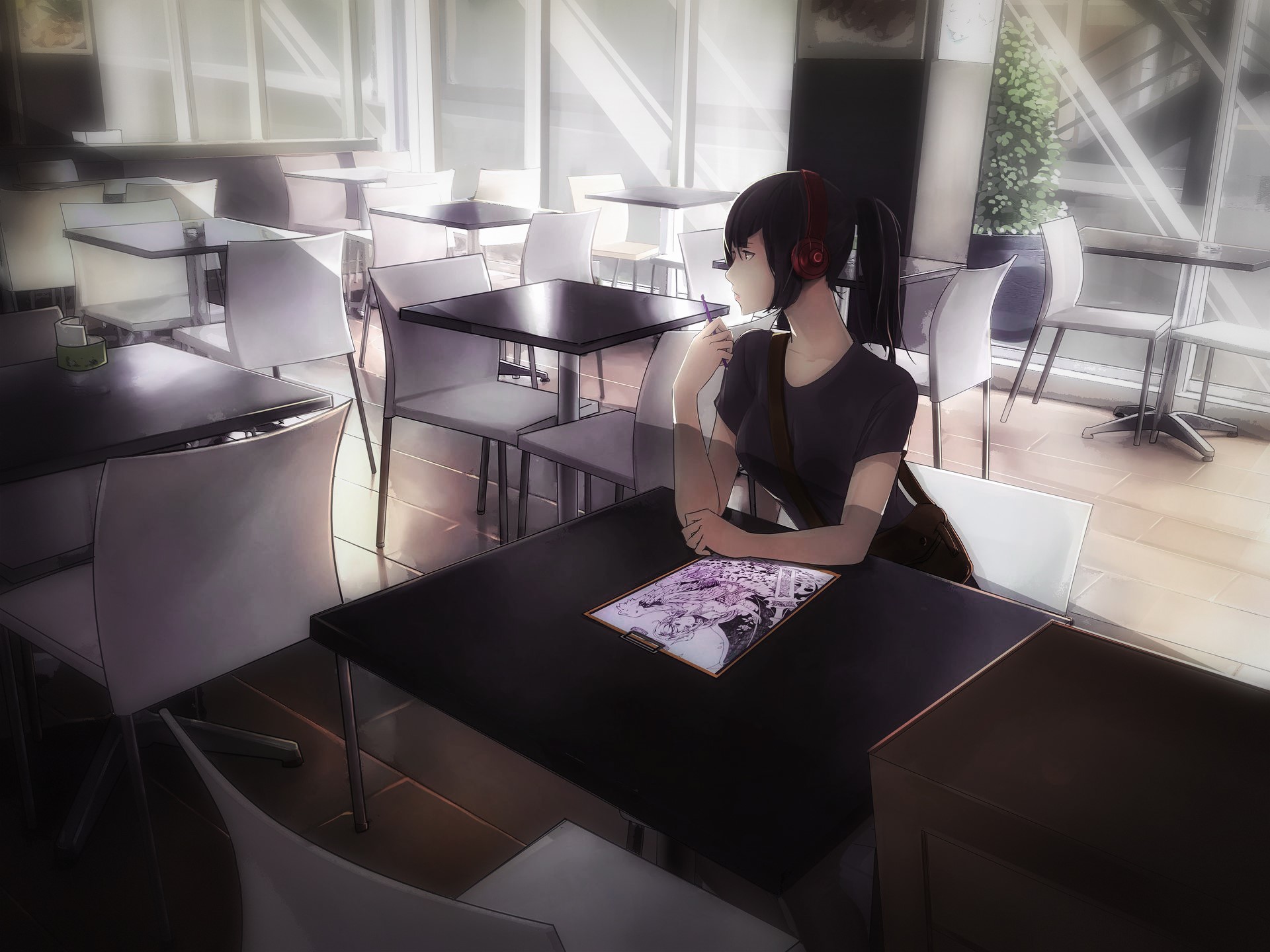 Anime girl with headphones in a cafe HD Wallpaper