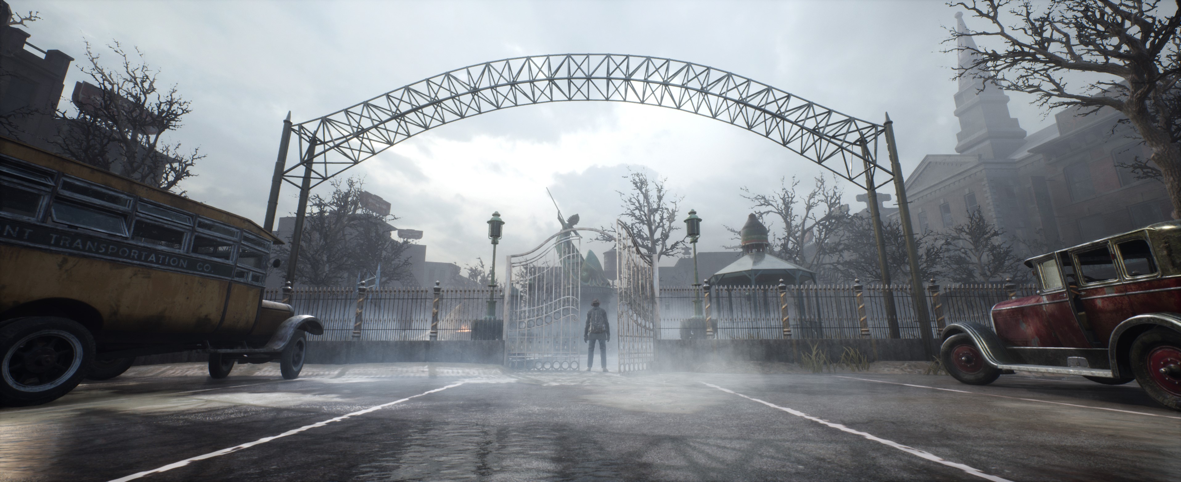 The Sinking City video game scene with cars and gate HD Wallpaper