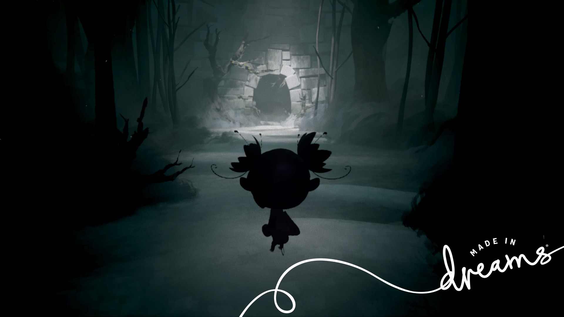 Silhouette of a character in a dark forest with a stone archway HD Wallpaper
