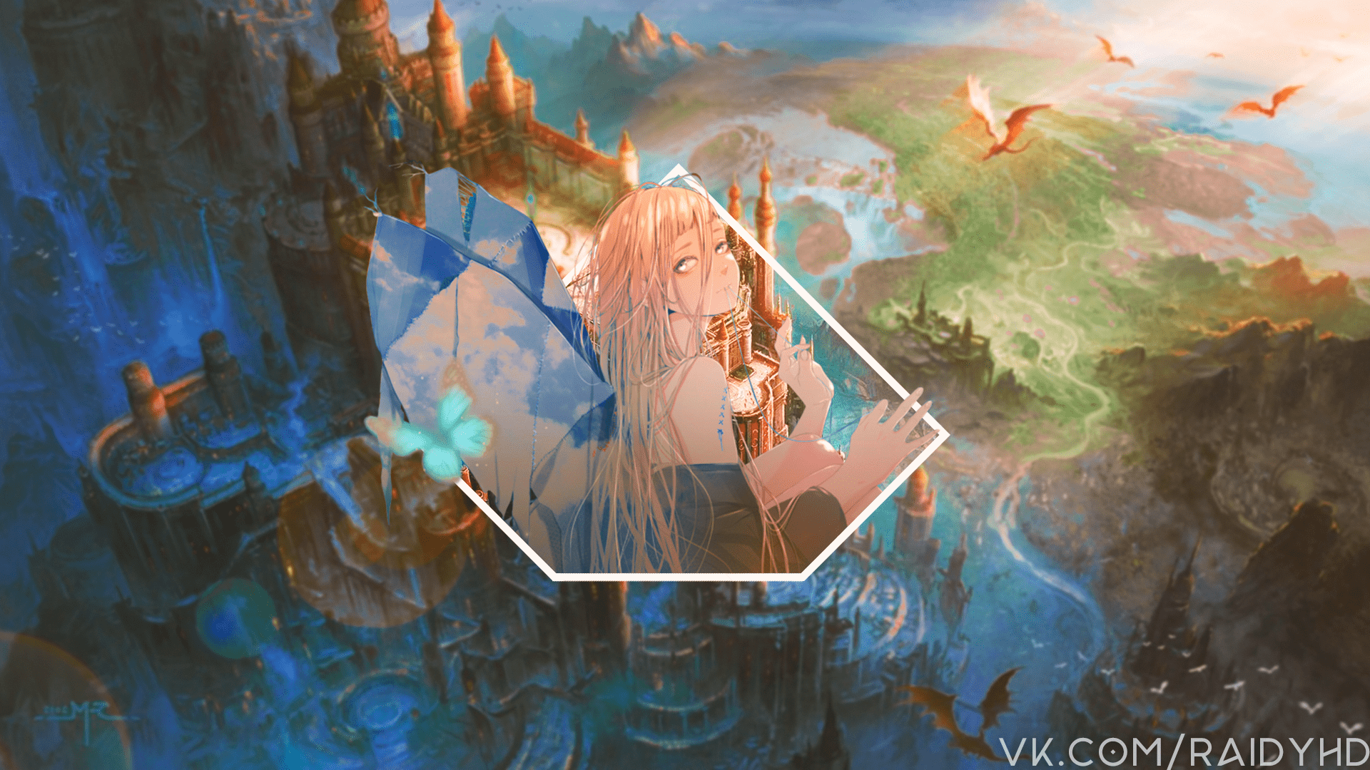 Anime girl with wings in a fantasy landscape HD Wallpaper