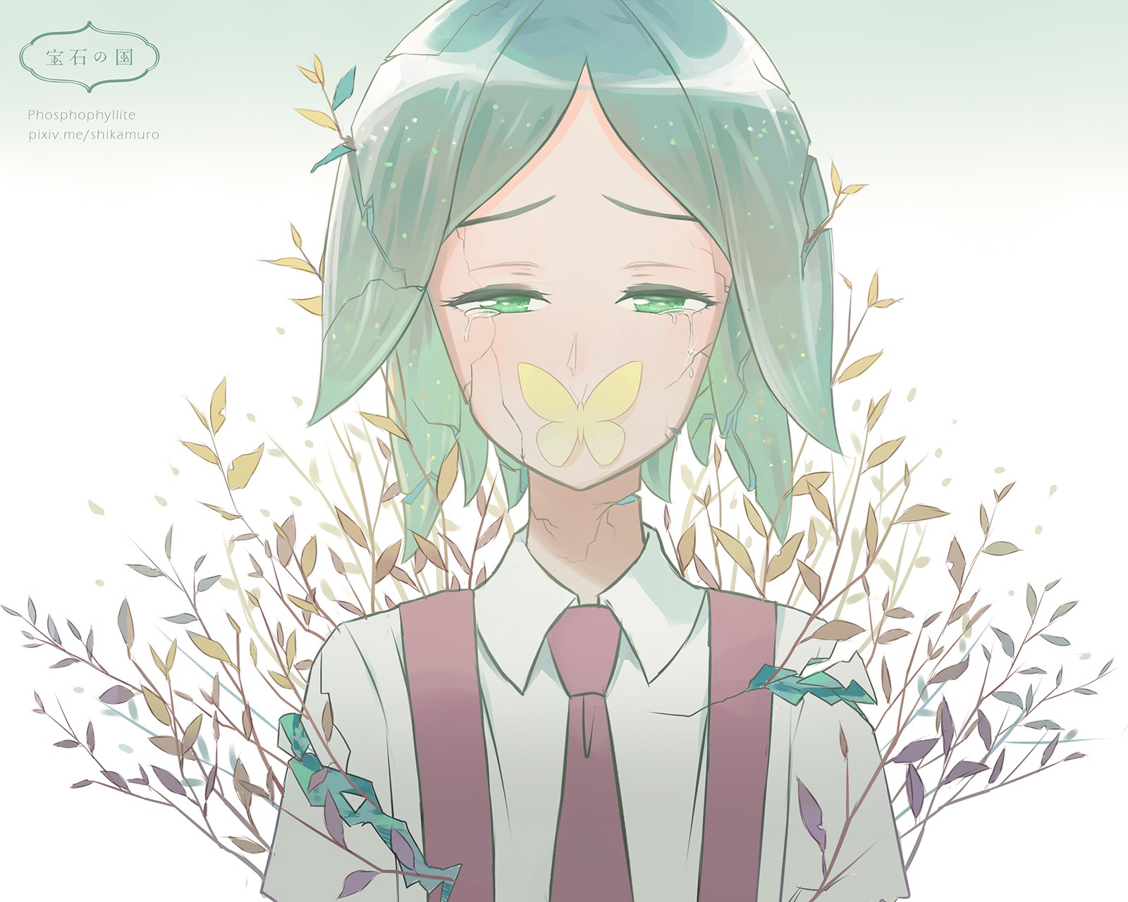Phosphophyllite from Houseki no Kuni crying with a butterfly on their mouth HD Wallpaper