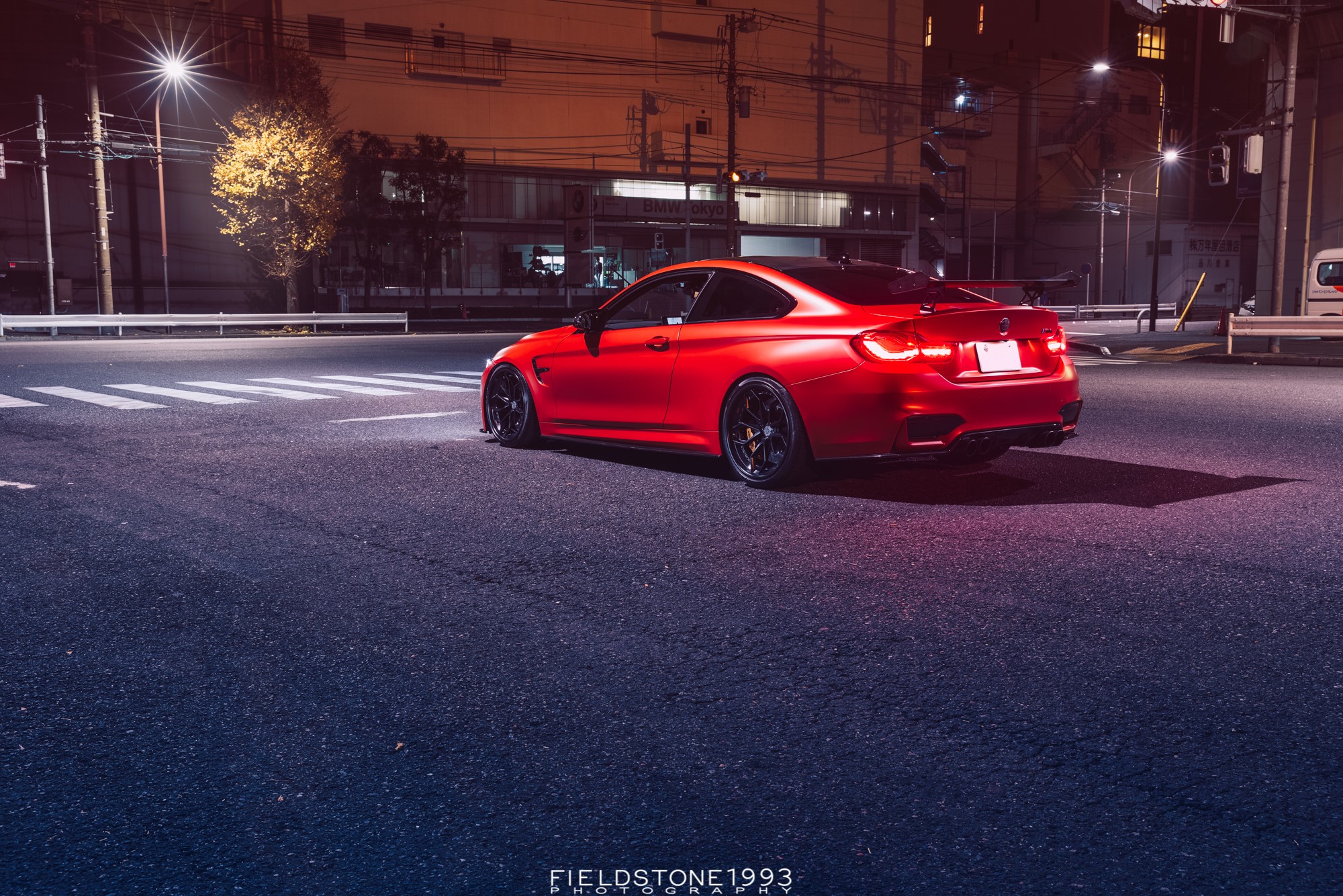 Red BMW M4 Coupe at Night Street Intersection HD Wallpaper