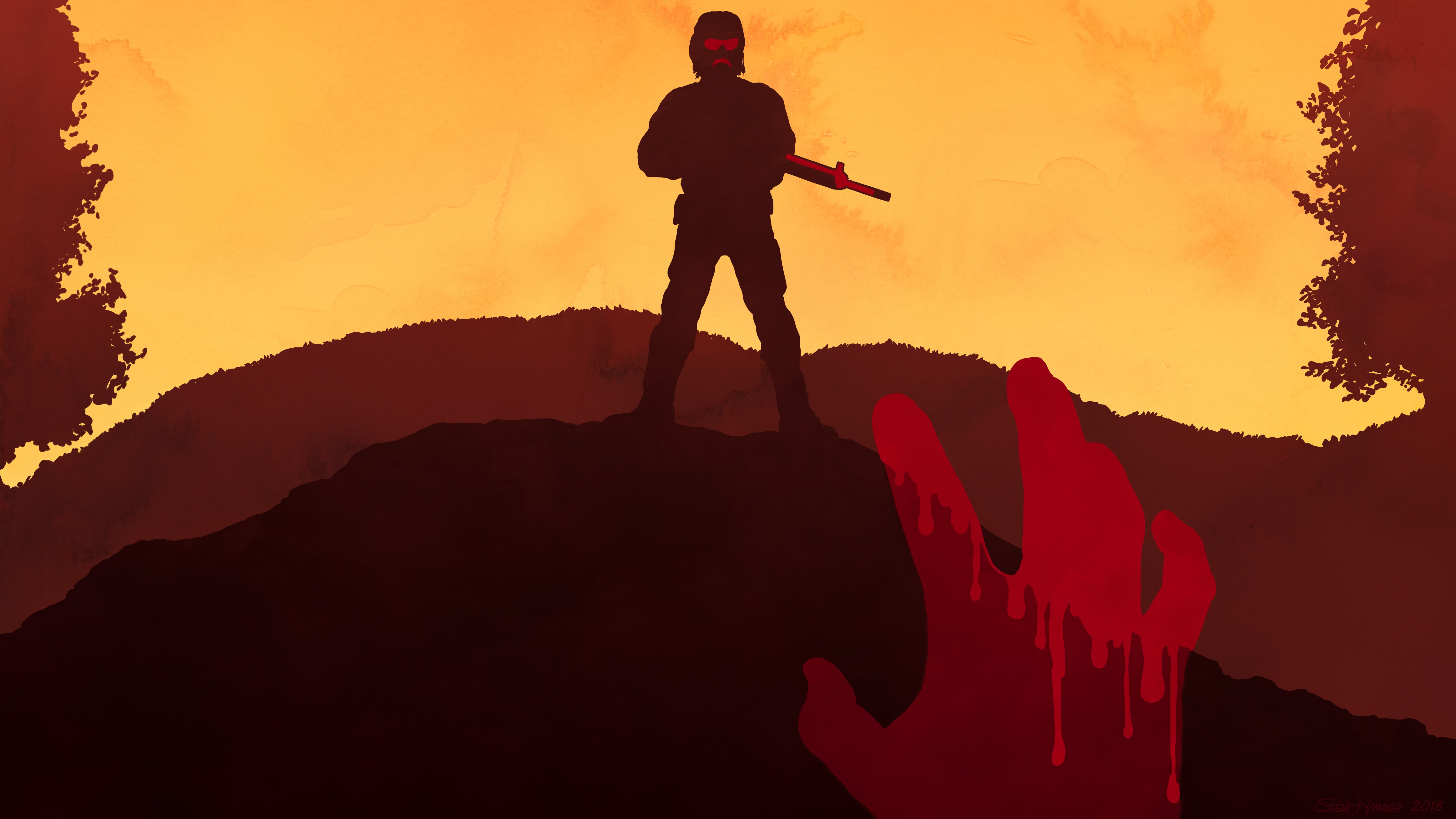 Silhouette of a soldier with a rifle and a bloody hand HD Wallpaper