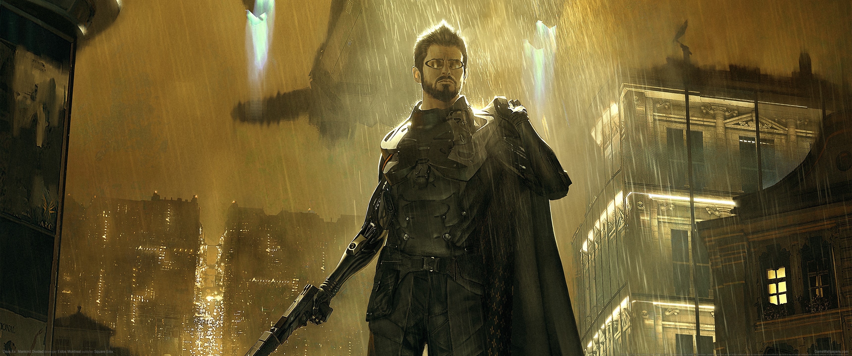 Adam Jensen from Deus Ex: Mankind Divided in a rainy city HD Wallpaper