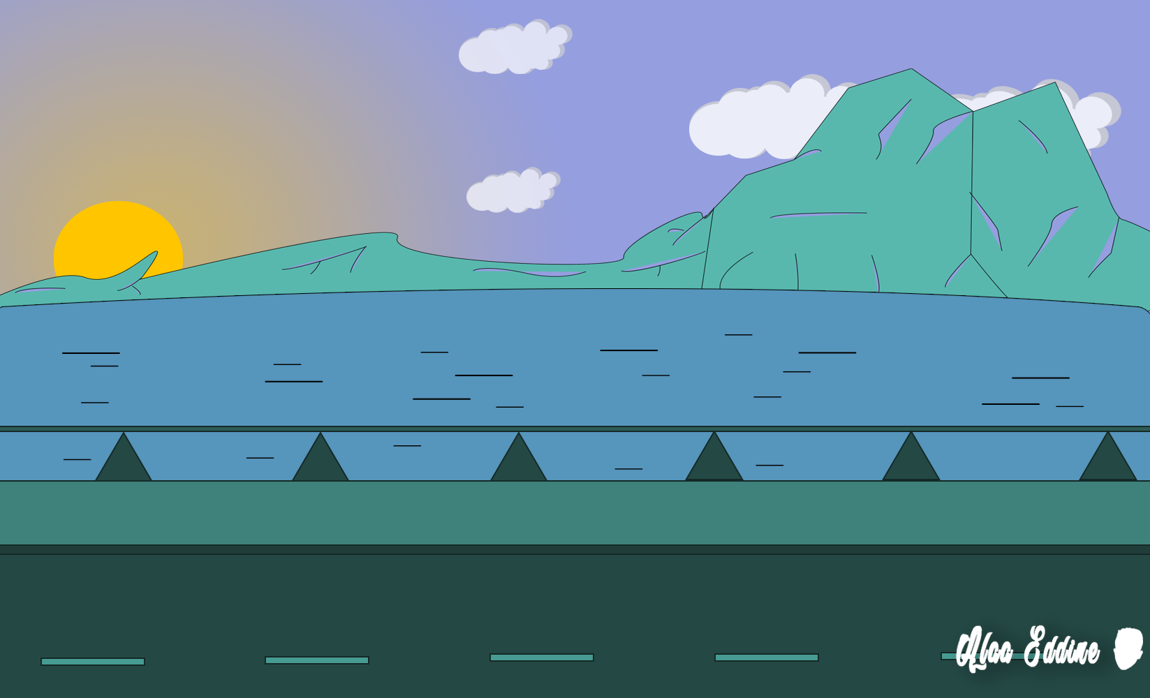 Cartoon landscape with mountains, sun, and road HD Wallpaper