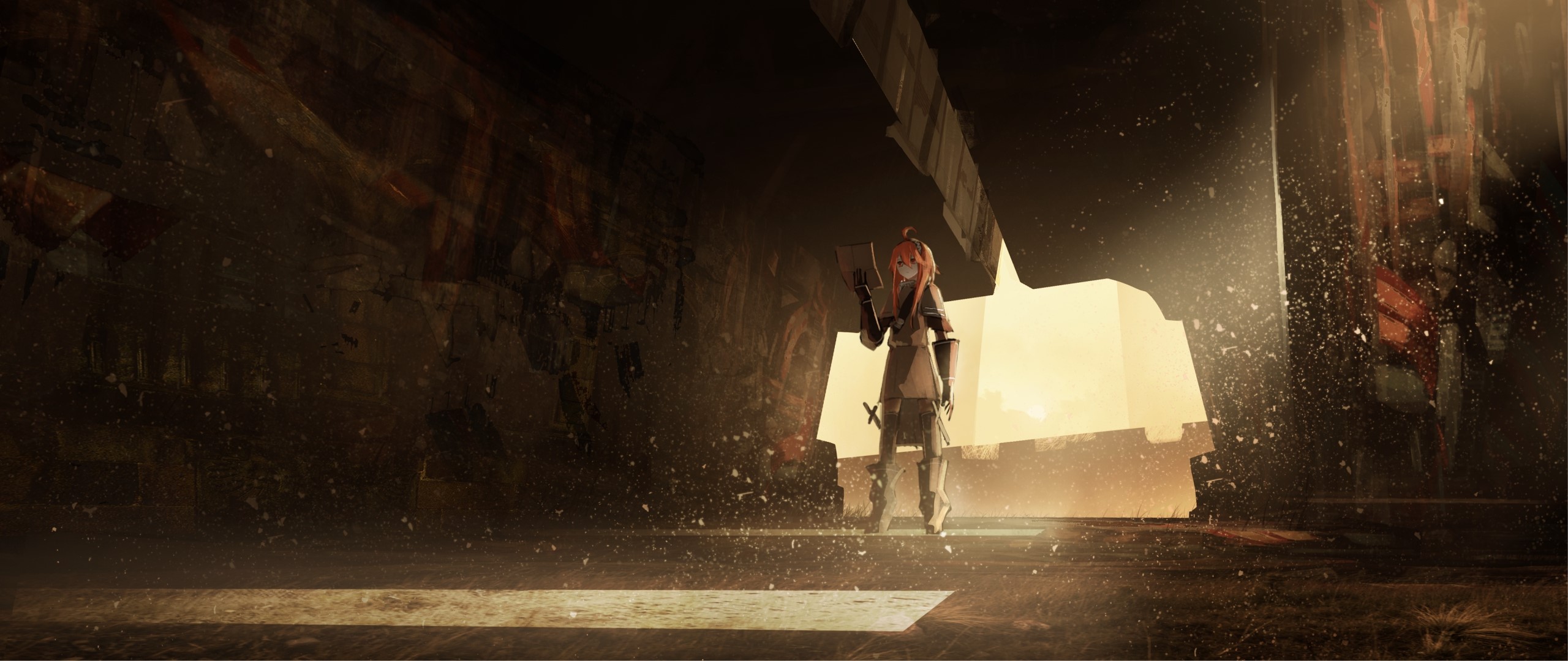 Anime girl in a destroyed industrial area HD Wallpaper