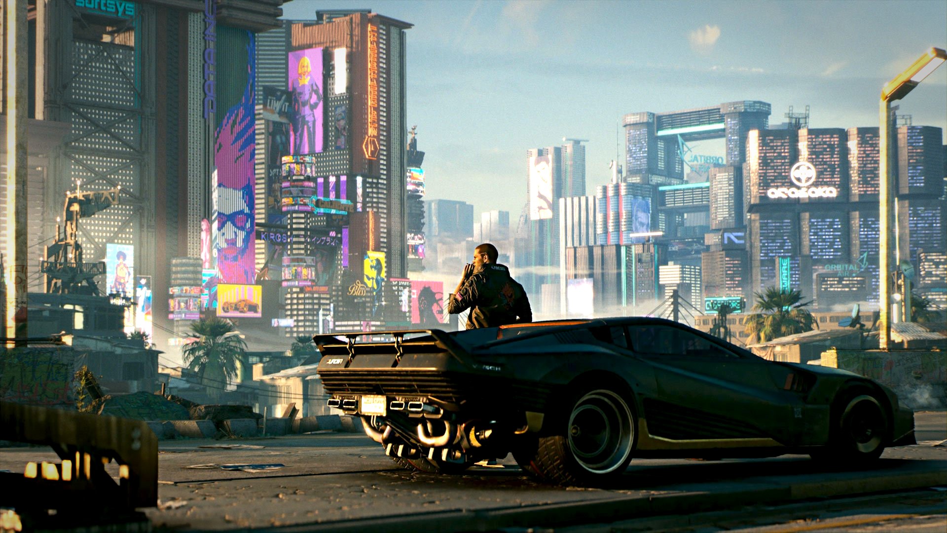 Man on phone next to futuristic car in Cyberpunk 2077 city HD Wallpaper
