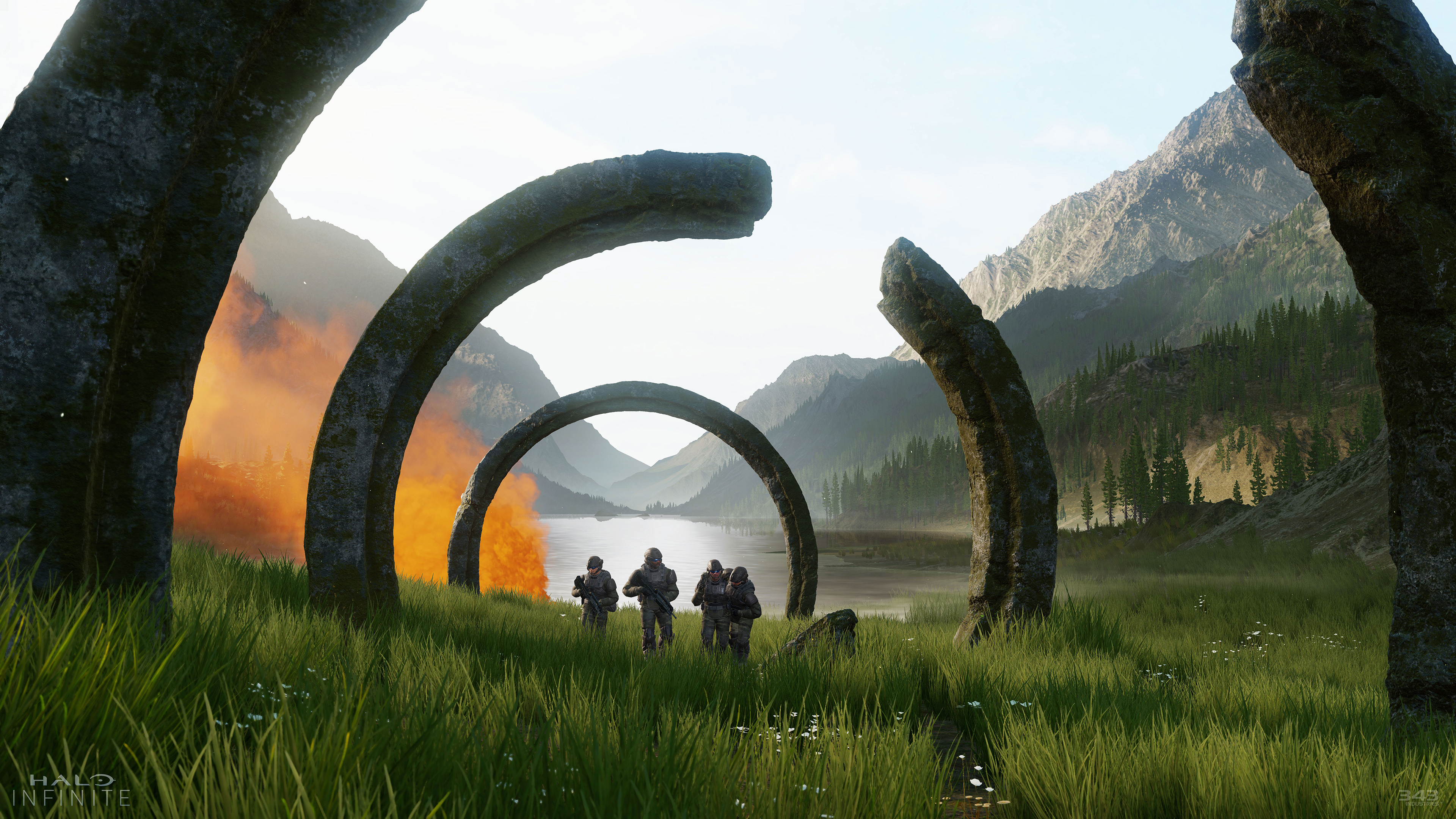 Halo Infinite 4K soldiers near ancient rings HD Wallpaper