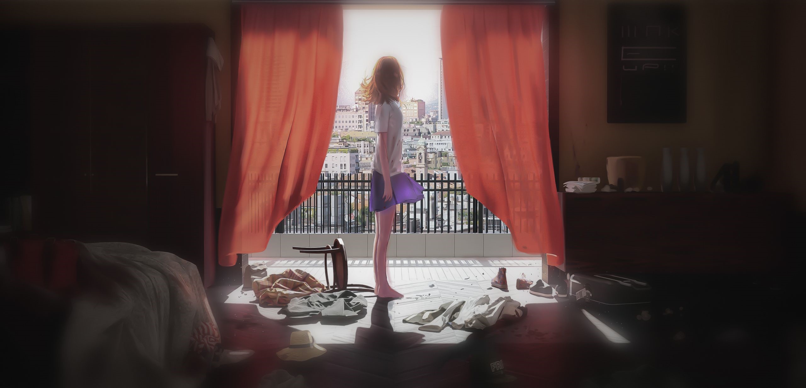 Anime girl standing by the window in a messy room HD Wallpaper
