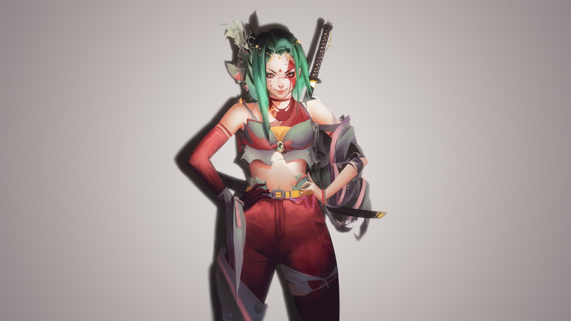 Anime girl with katana and red outfit HD Wallpaper