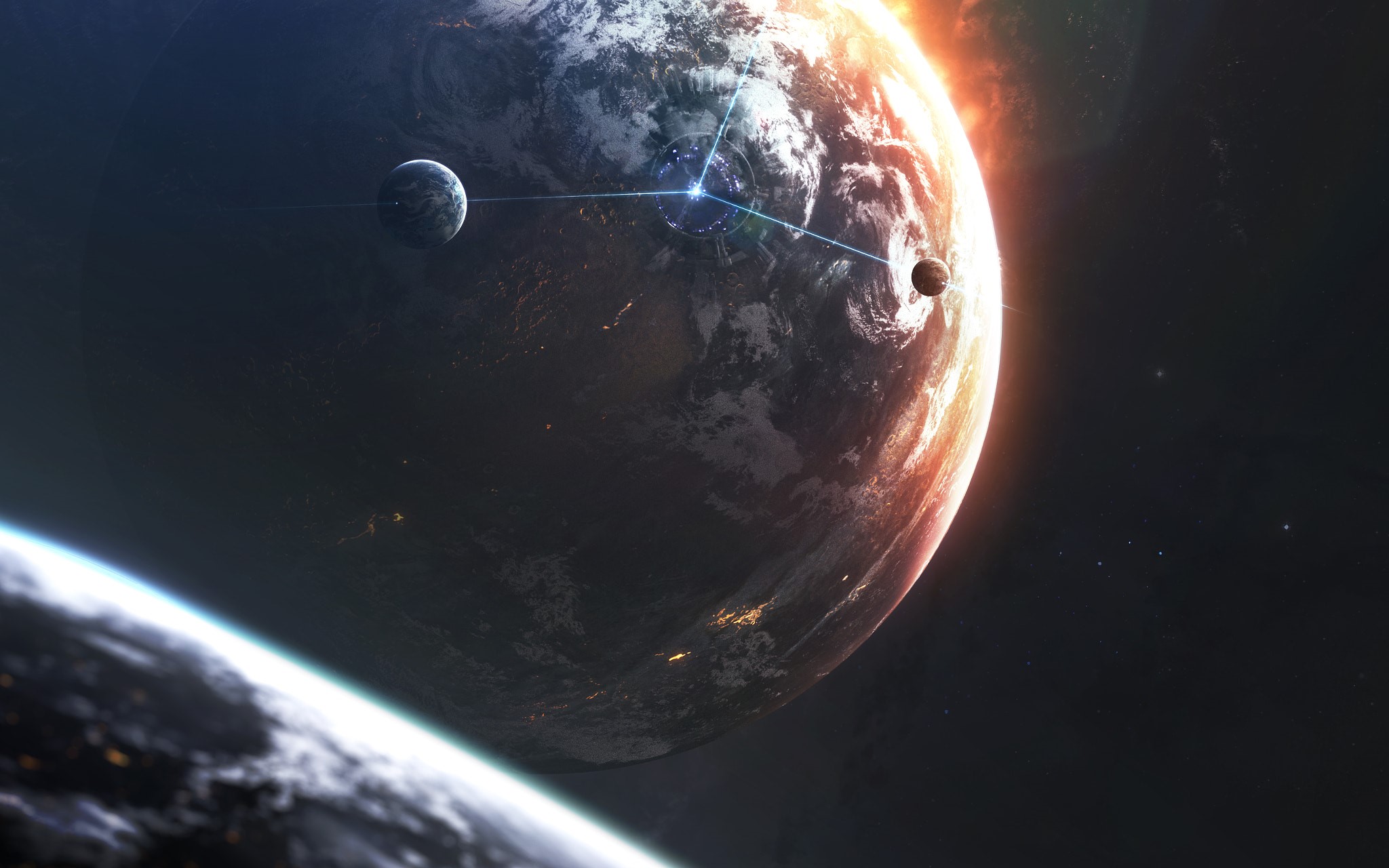 Digital art of planets and space station HD Wallpaper