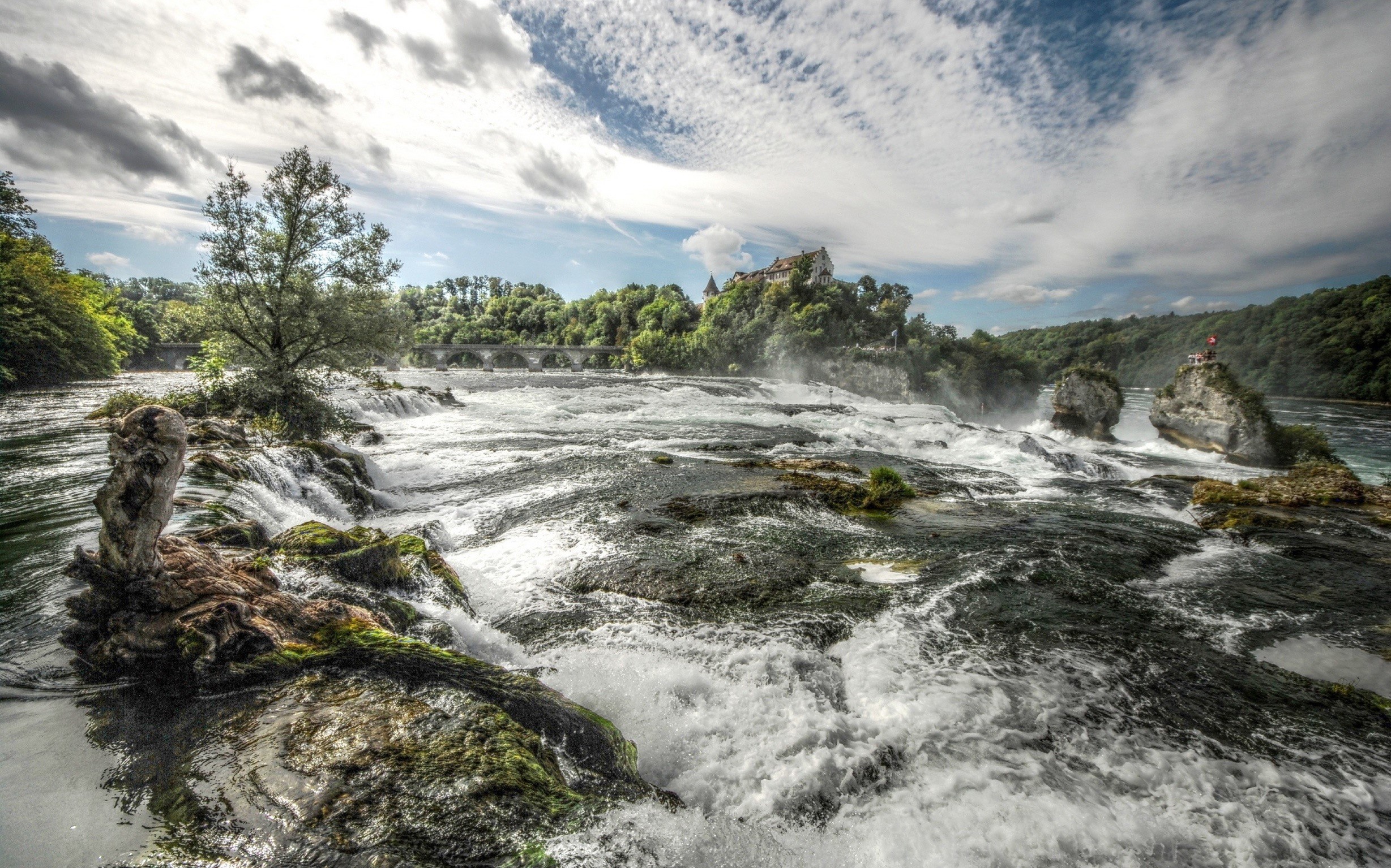Rhine Falls waterfall with castle and bridge HD Wallpaper