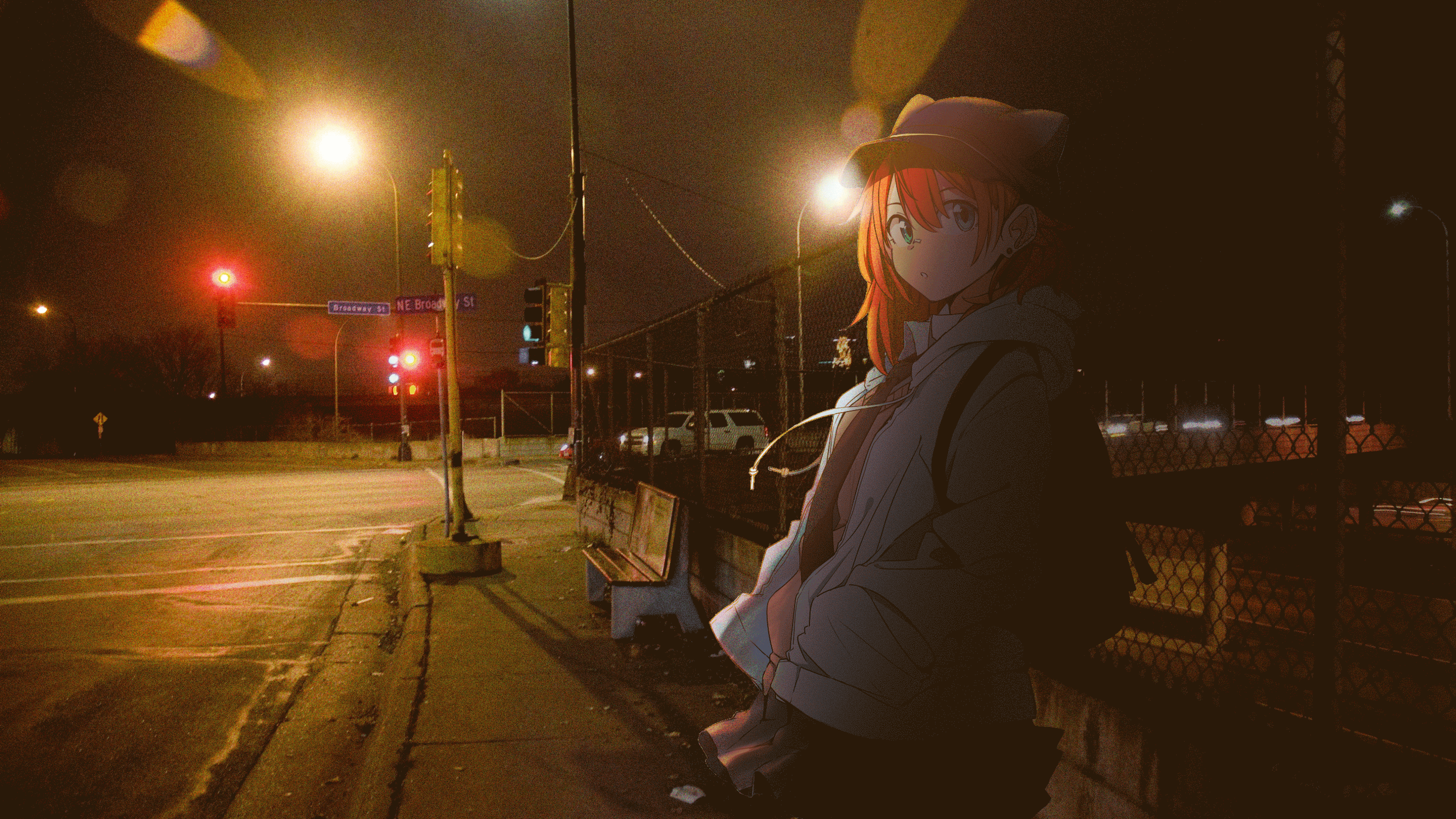 Anime girl at a street corner at night HD Wallpaper
