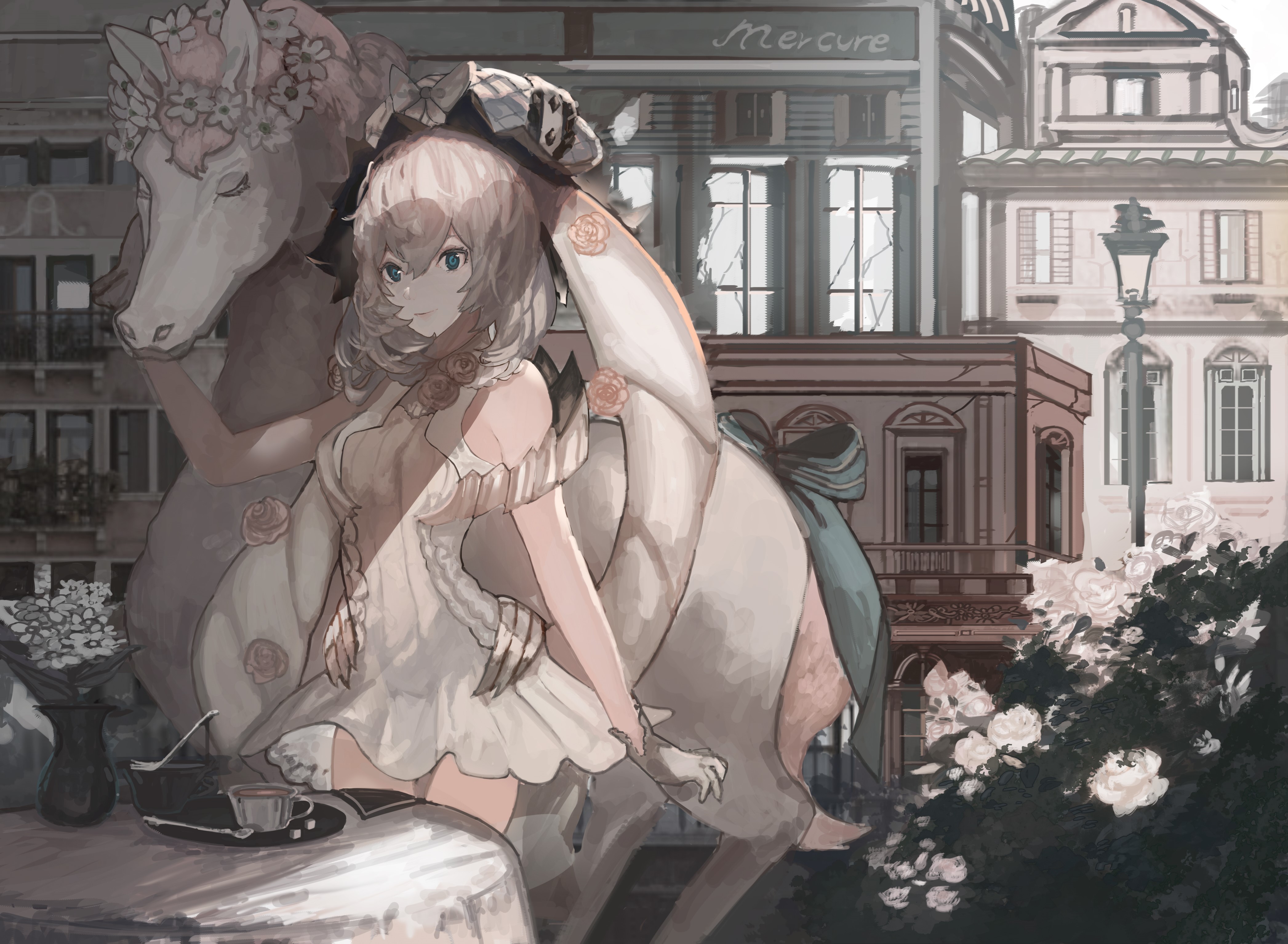 Anime girl with horse and flowers HD Wallpaper
