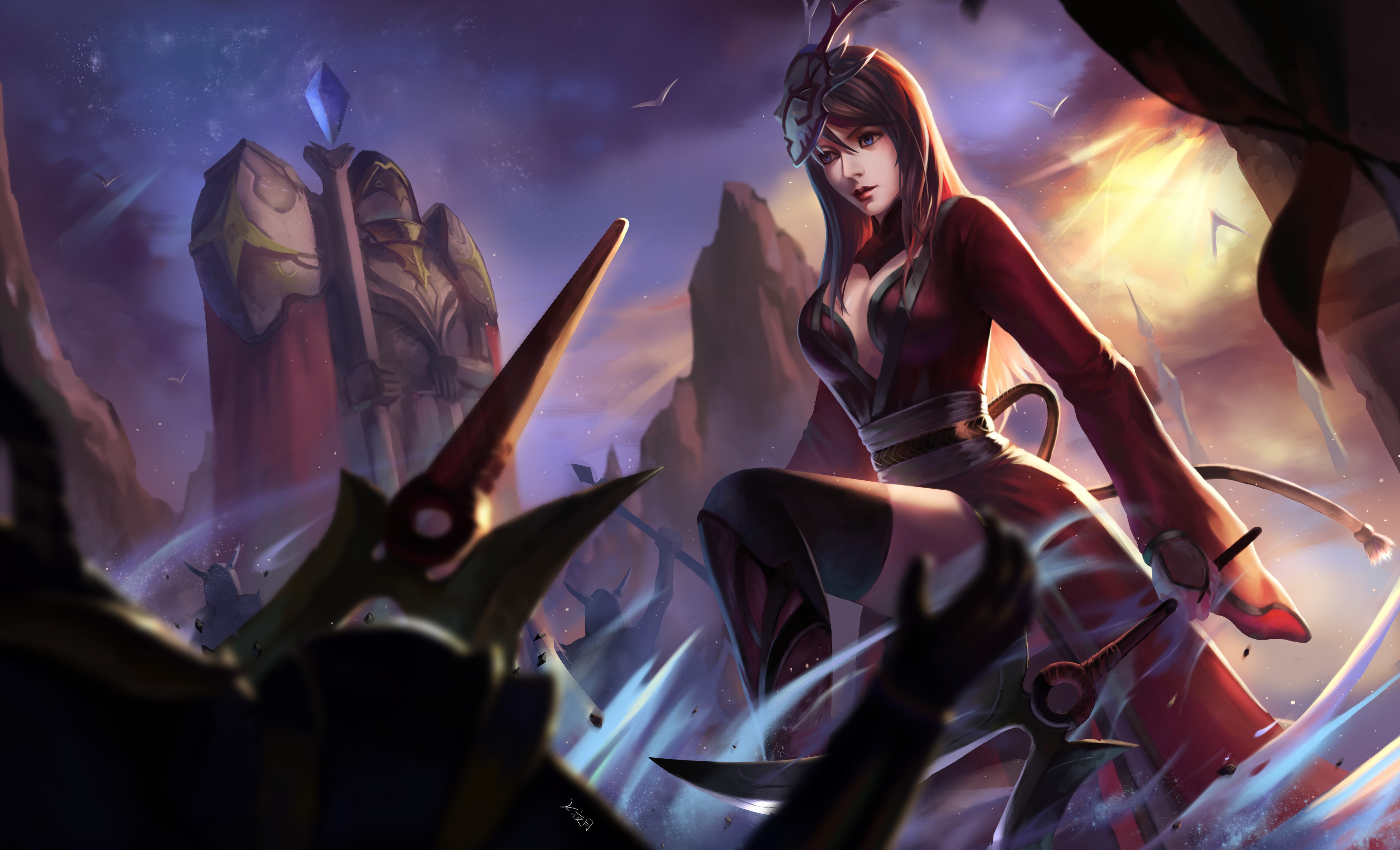 Woman with swords in a red dress HD Wallpaper