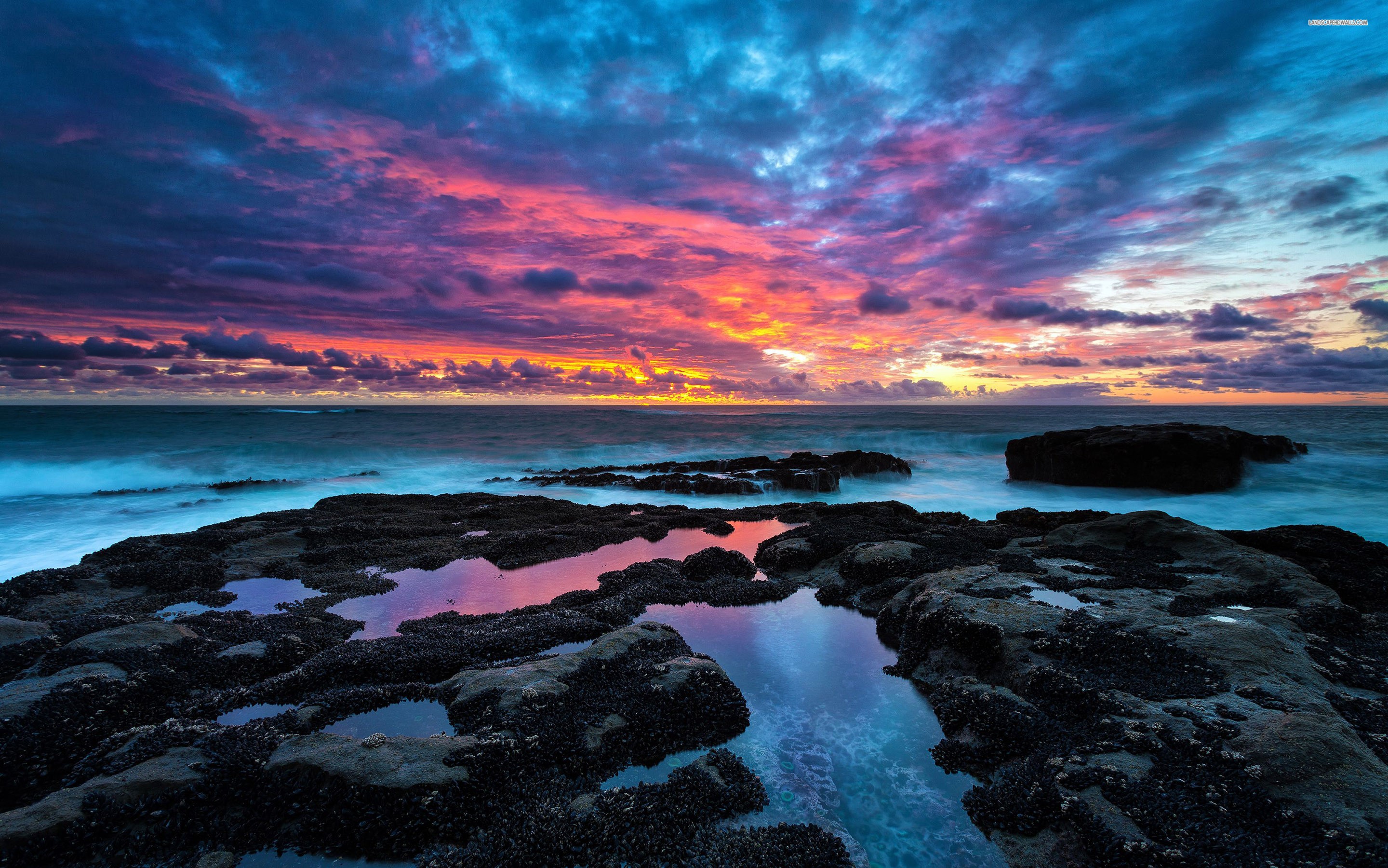 Sunset over the ocean with rocky shore HD Wallpaper