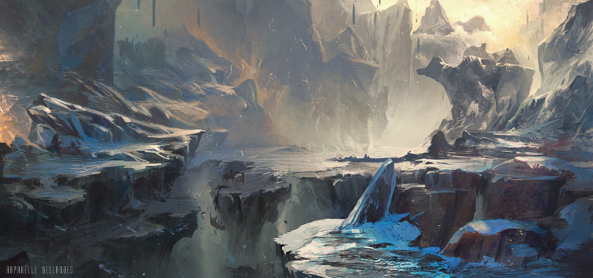 Digital painting of a snowy ravine landscape by Raphaëlle Deslandes HD Wallpaper