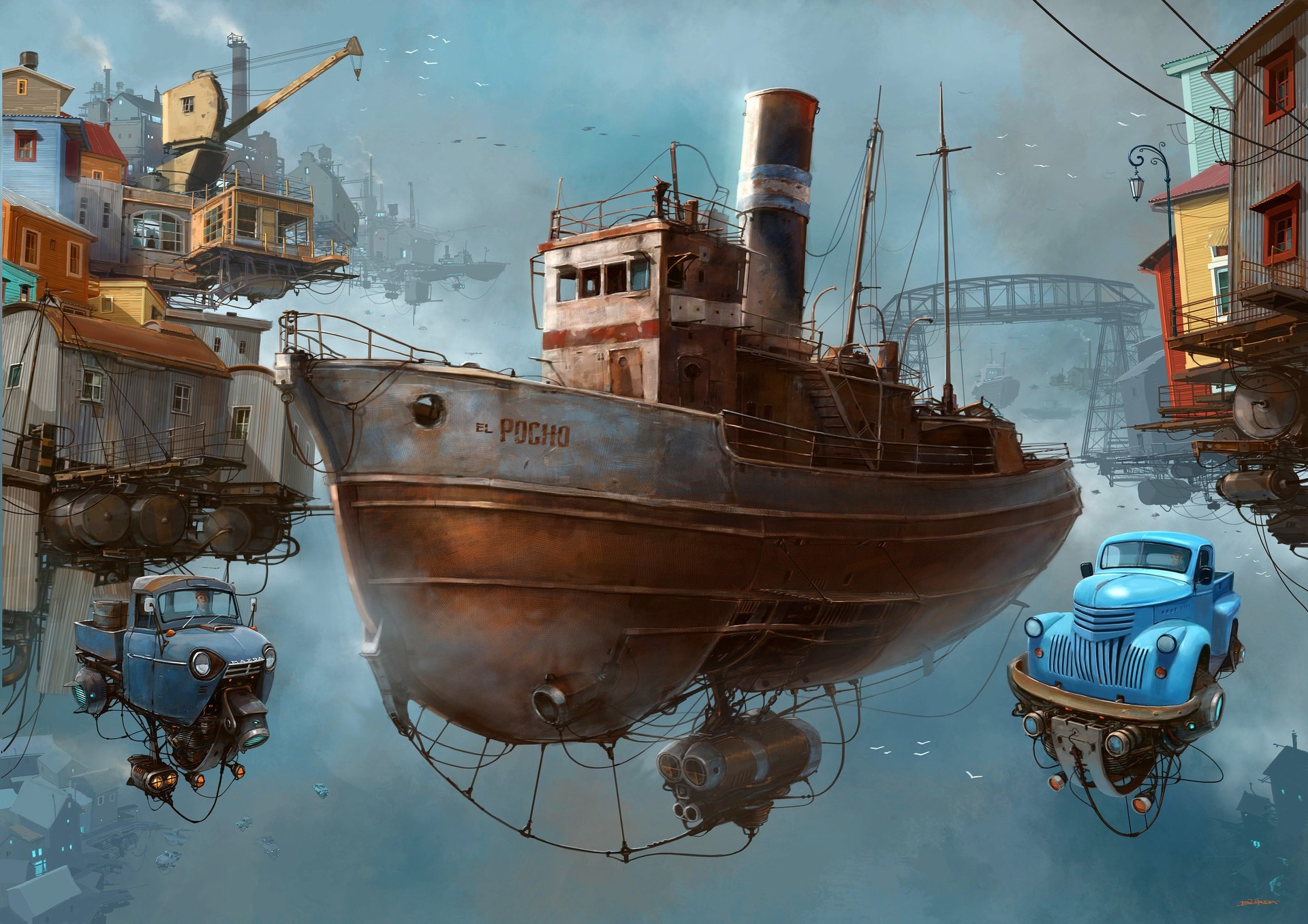 Steampunk floating city with a ship and vehicles HD Wallpaper