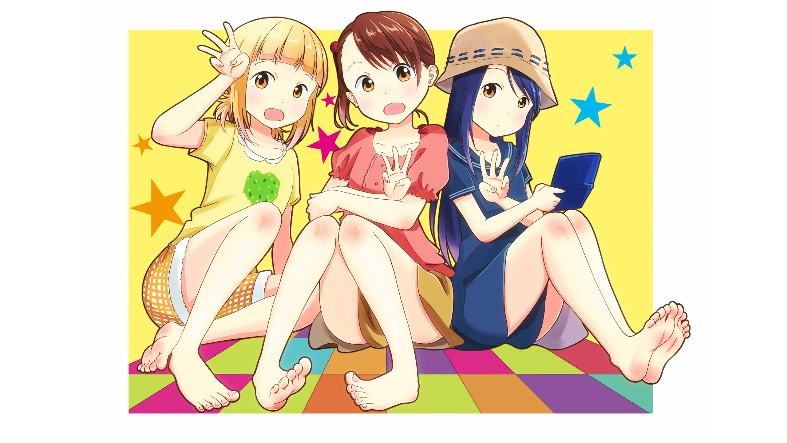 Three anime girls from Mitsuboshi Colors sitting together HD Wallpaper