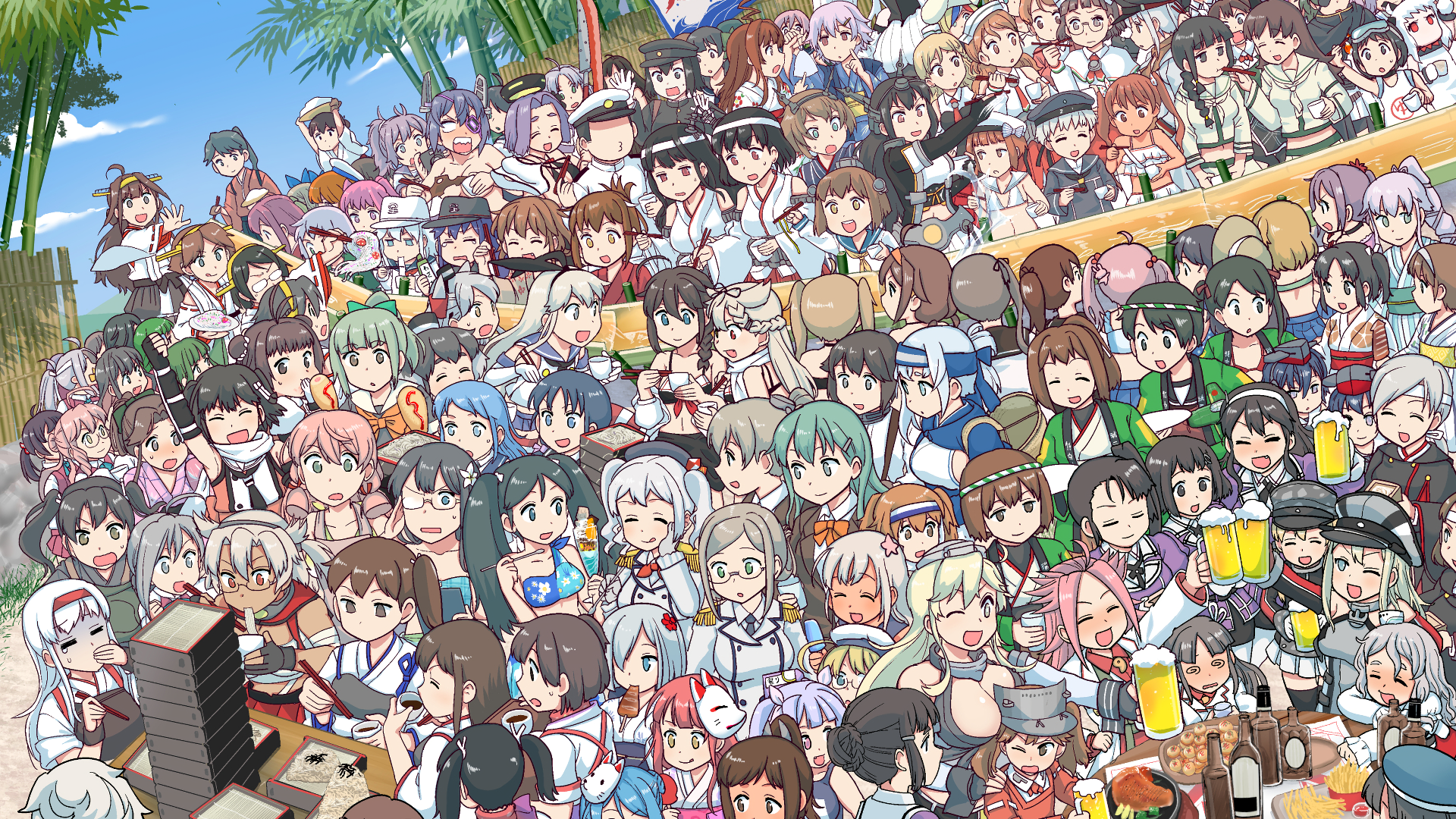 Kantai Collection girls celebrating outdoors with food and drinks HD Wallpaper