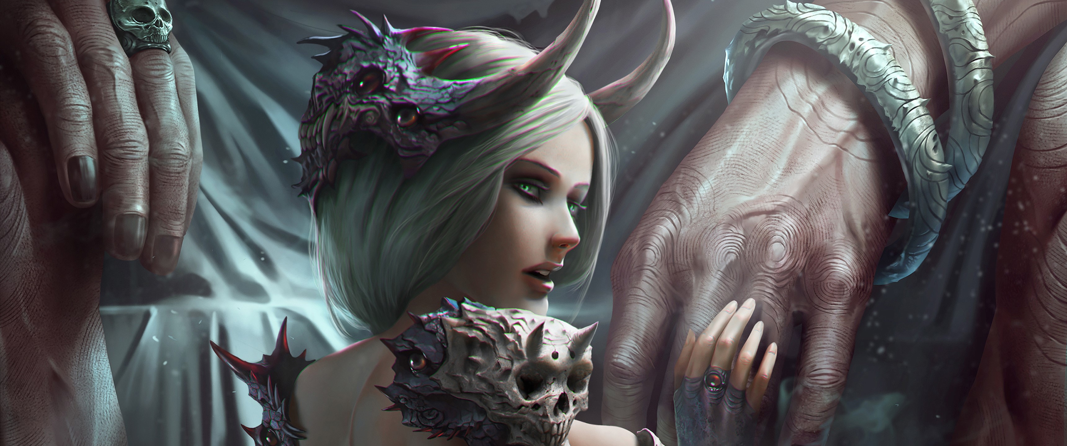 Fantasy girl with horns and skull armor HD Wallpaper