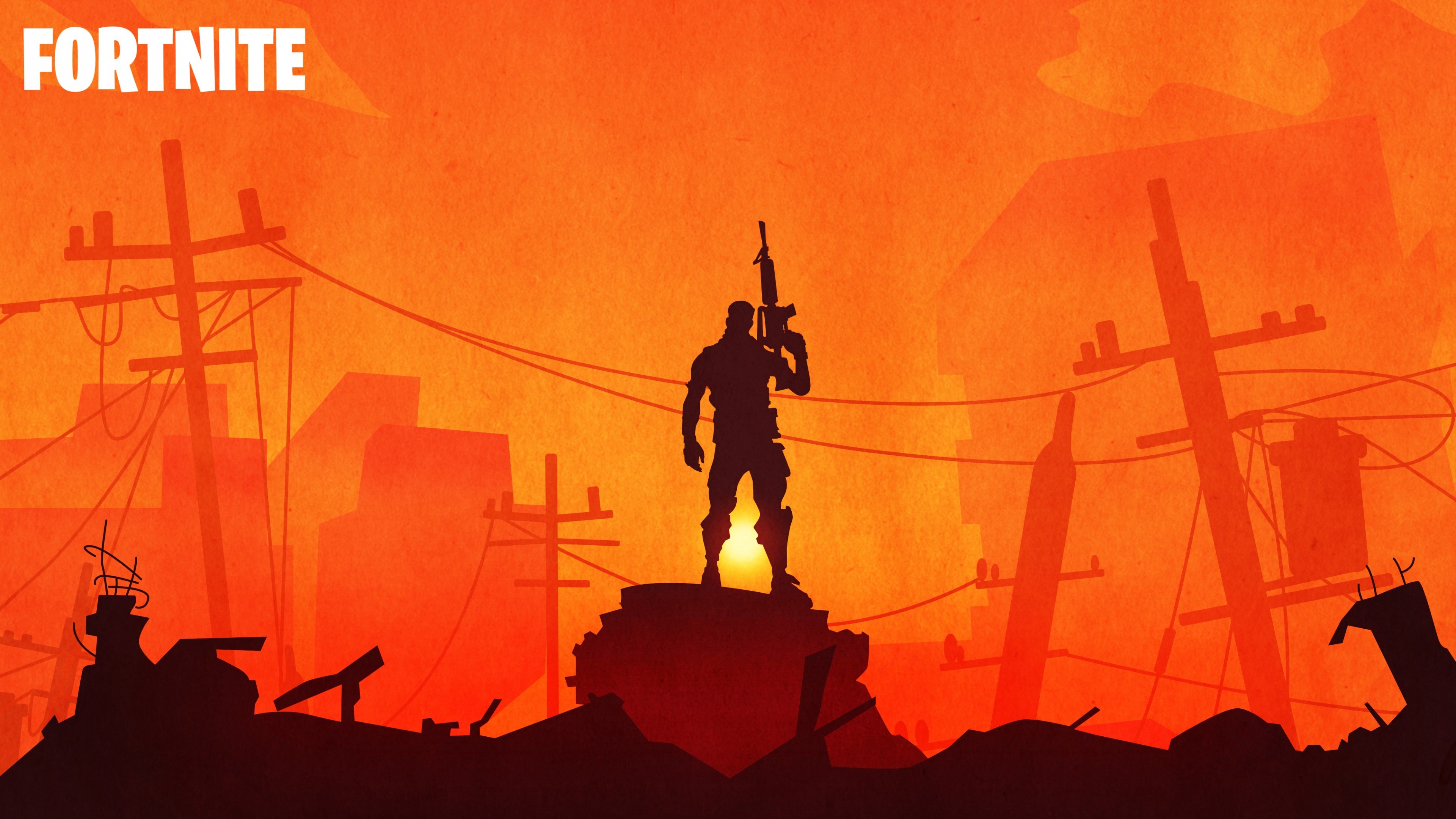Fortnite soldier with rifle in ruined city HD Wallpaper